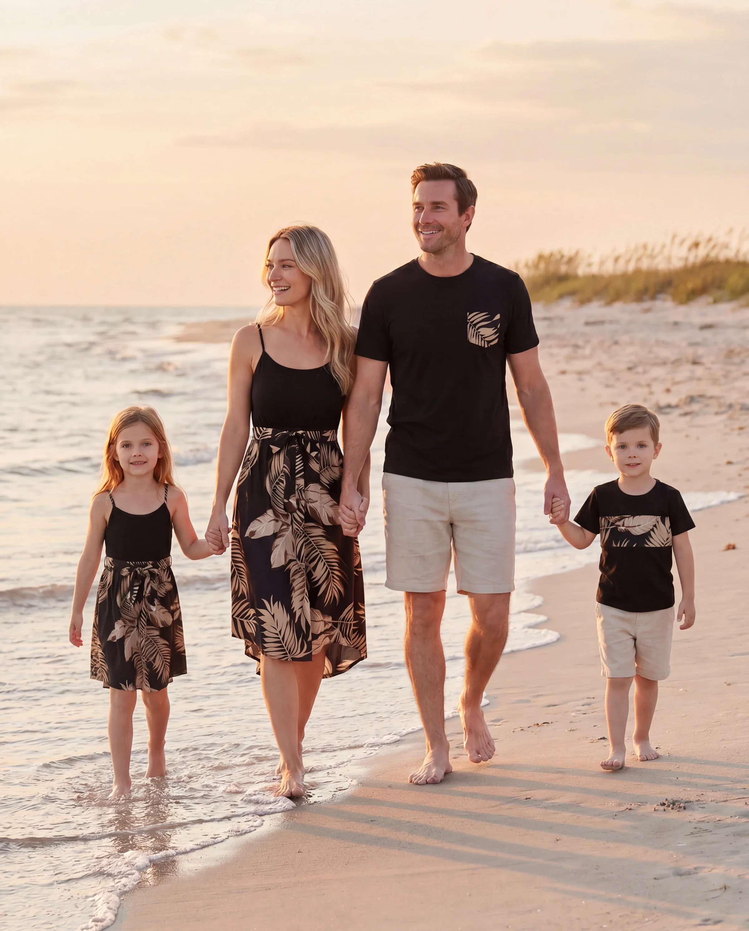 Family Matching Floral Print Belted Cami Dresses And Solid Short Sleeve Tops Sets Black - Image 11