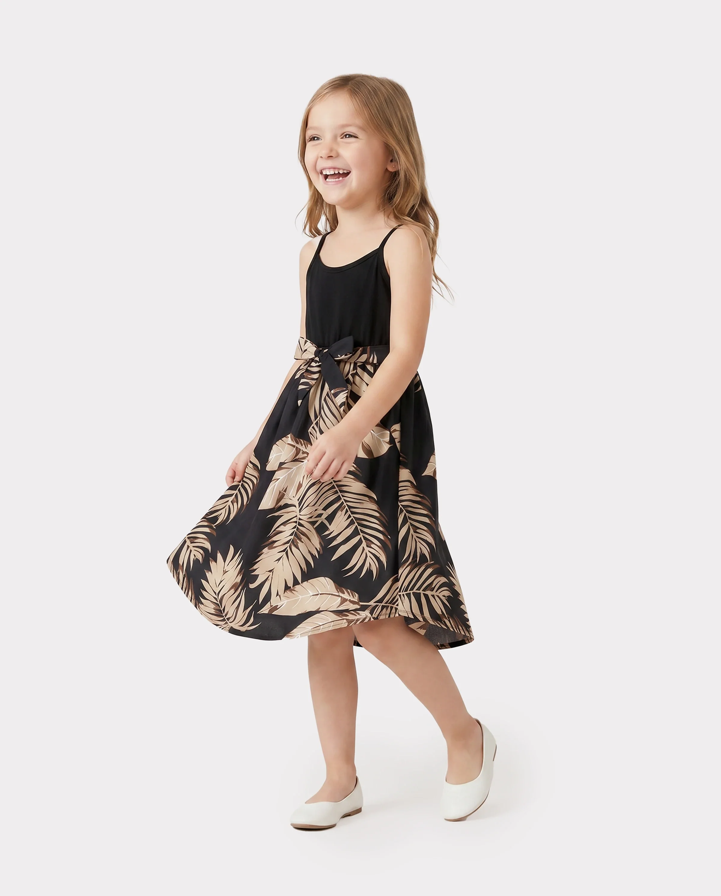 Family Matching Floral Print Belted Cami Dresses And Solid Short Sleeve Tops Sets Black - Image 3