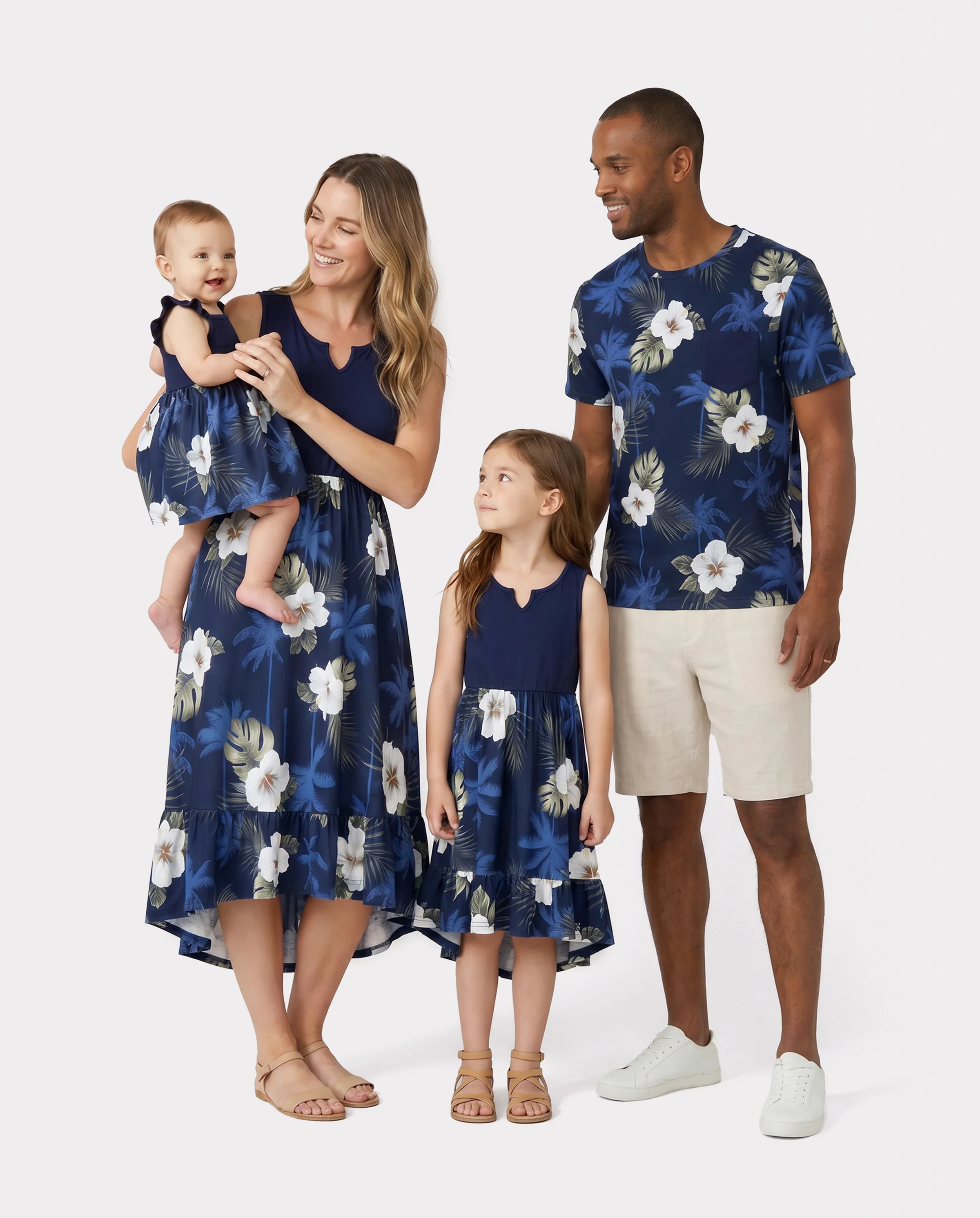 Family Matching Floral Print Cotton Top Short-sleeve Shirt or Splicing Sleeveless Tank Dress Deep Blue