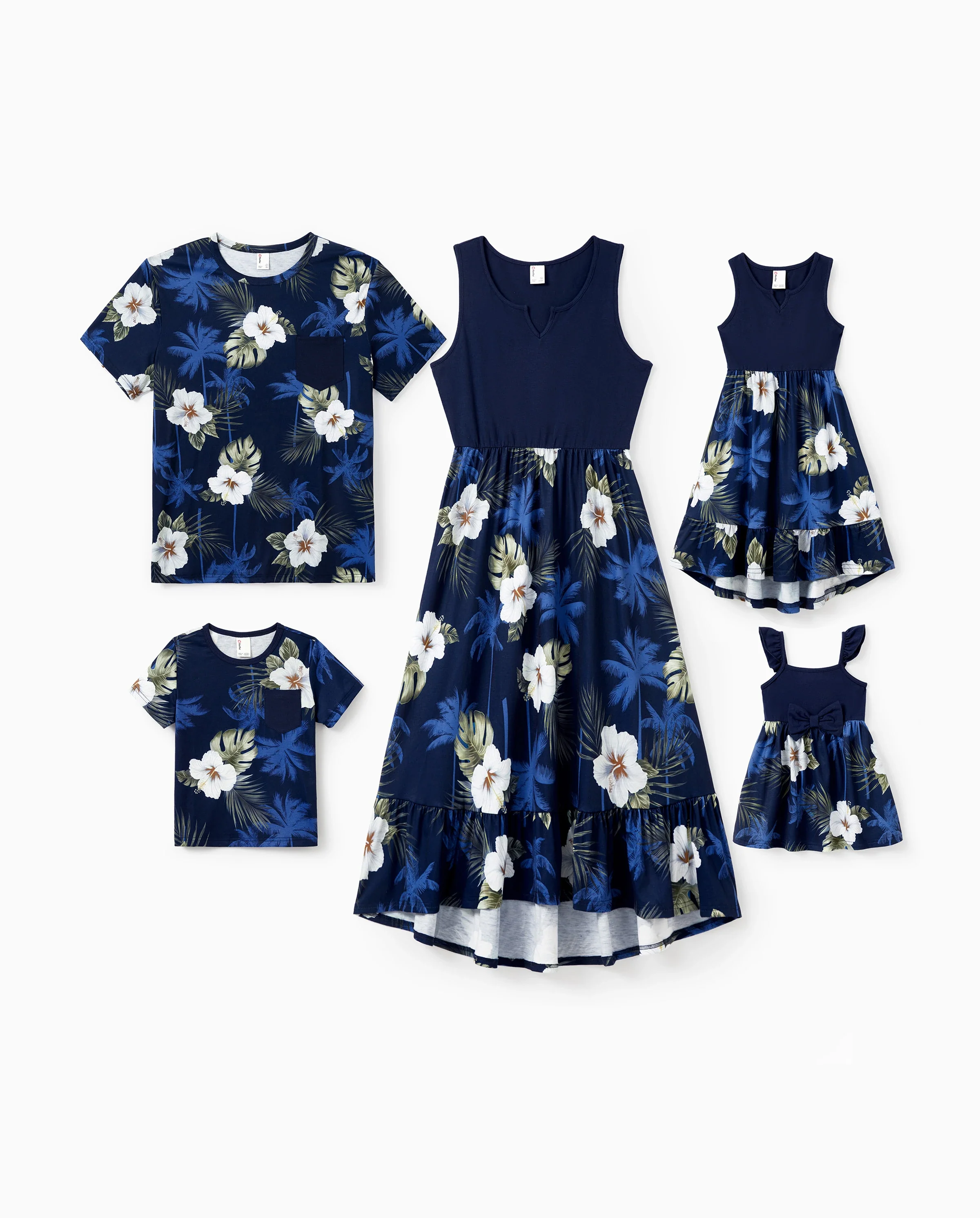 Family Matching Floral Print Cotton Top Short-sleeve Shirt or Splicing Sleeveless Tank Dress Deep Blue - Image 10