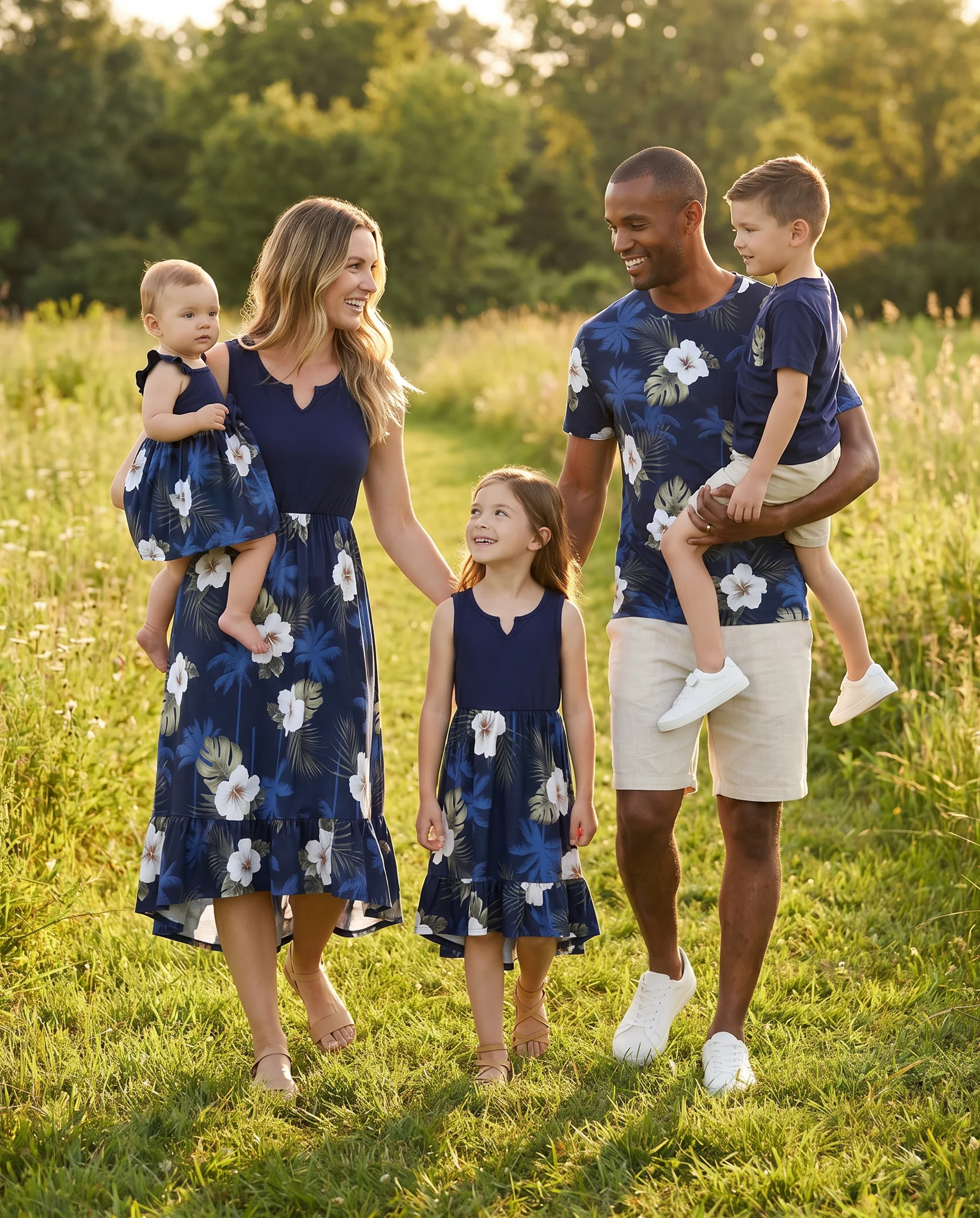 Family Matching Floral Print Cotton Top Short-sleeve Shirt or Splicing Sleeveless Tank Dress Deep Blue - Image 11