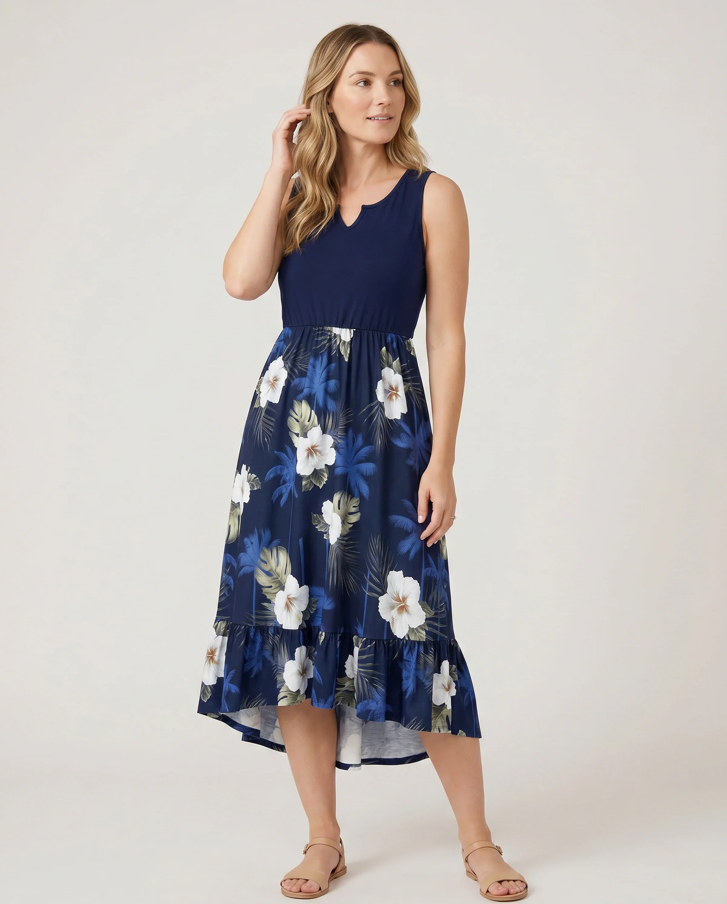 Family Matching Floral Print Cotton Top Short-sleeve Shirt or Splicing Sleeveless Tank Dress Deep Blue - Image 2