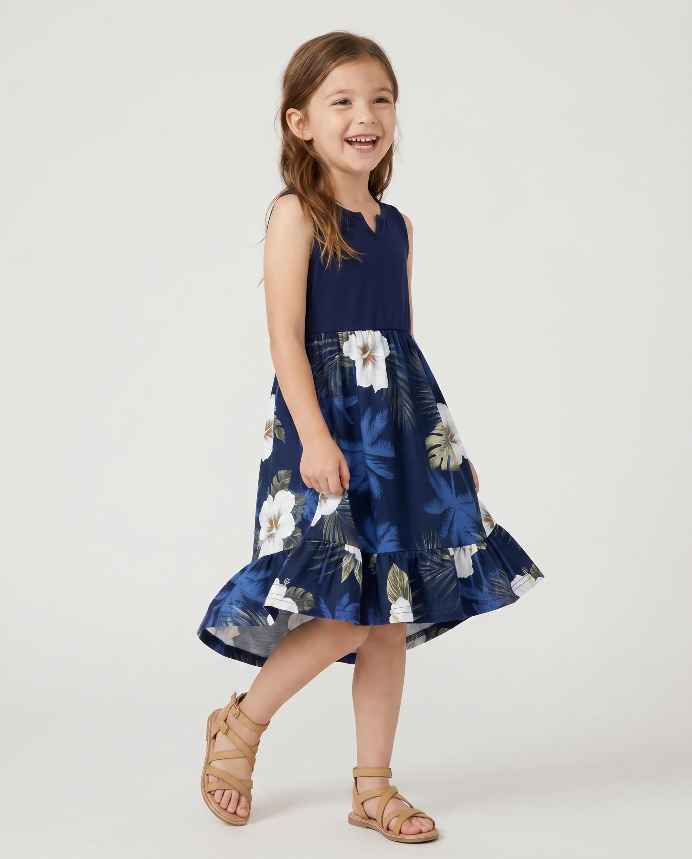 Family Matching Floral Print Cotton Top Short-sleeve Shirt or Splicing Sleeveless Tank Dress Deep Blue - Image 3