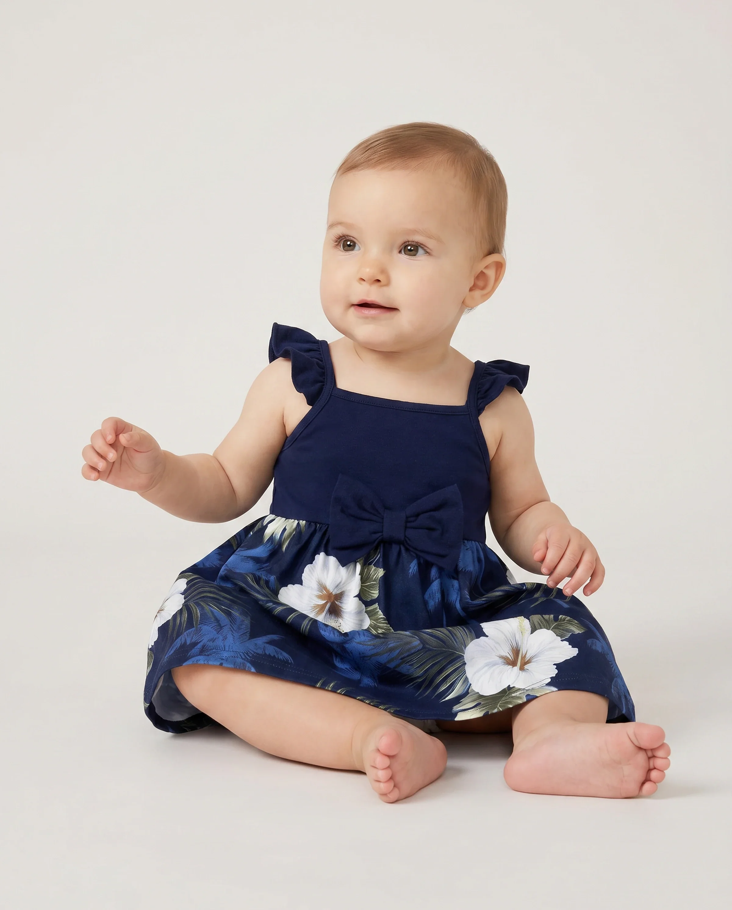 Family Matching Floral Print Cotton Top Short-sleeve Shirt or Splicing Sleeveless Tank Dress Deep Blue - Image 4
