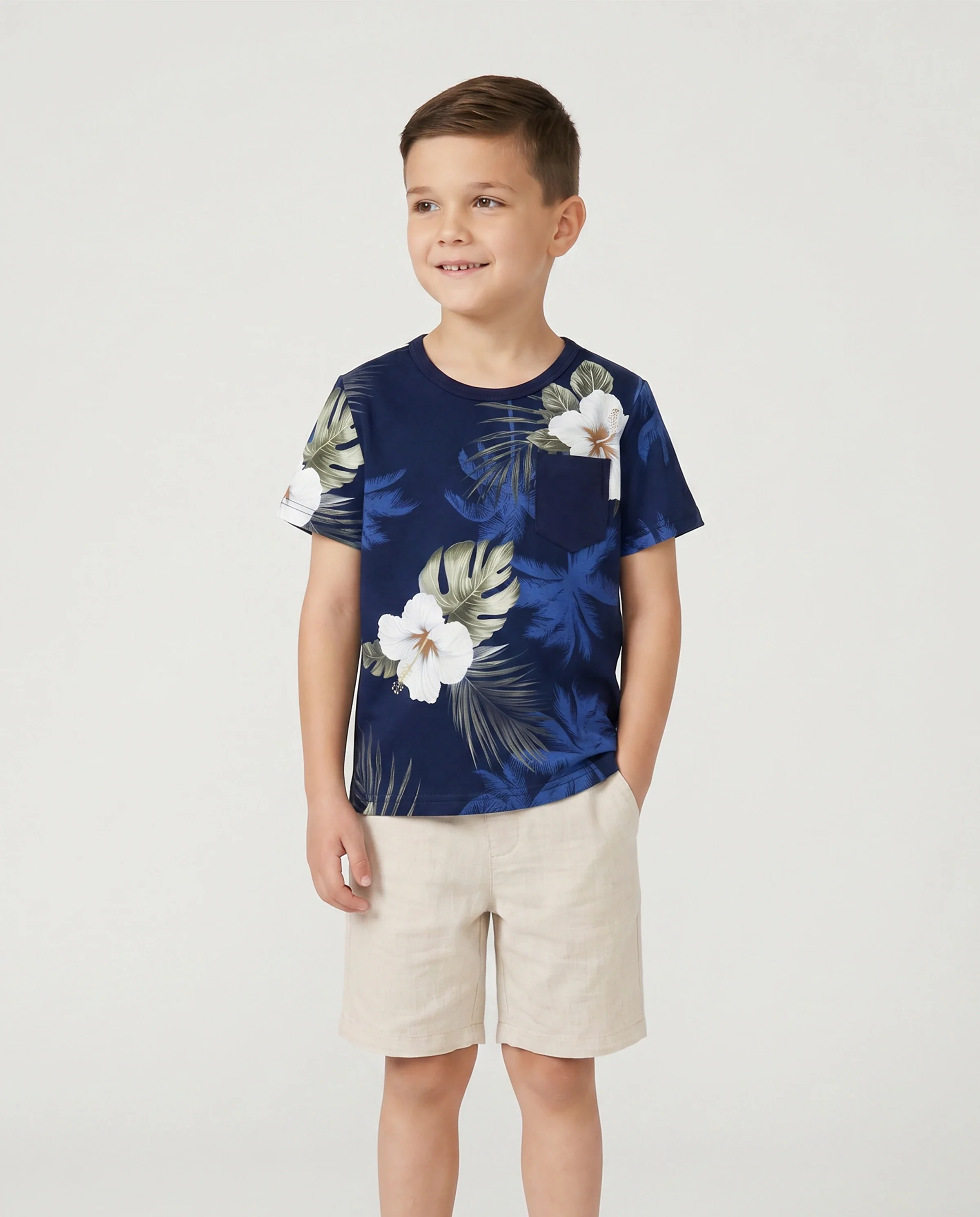 Family Matching Floral Print Cotton Top Short-sleeve Shirt or Splicing Sleeveless Tank Dress Deep Blue - Image 5