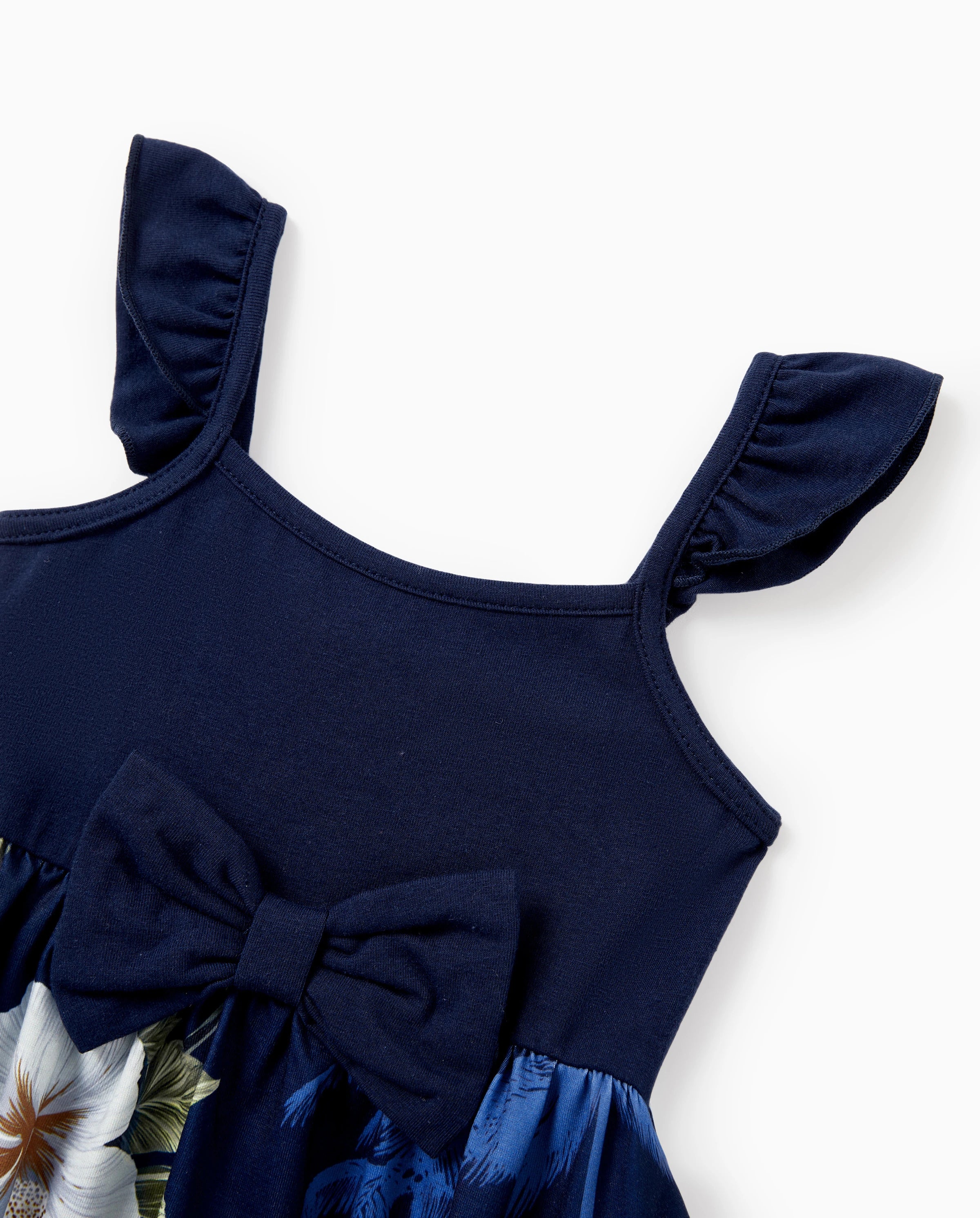 Family Matching Floral Print Cotton Top Short-sleeve Shirt or Splicing Sleeveless Tank Dress Deep Blue - Image 9