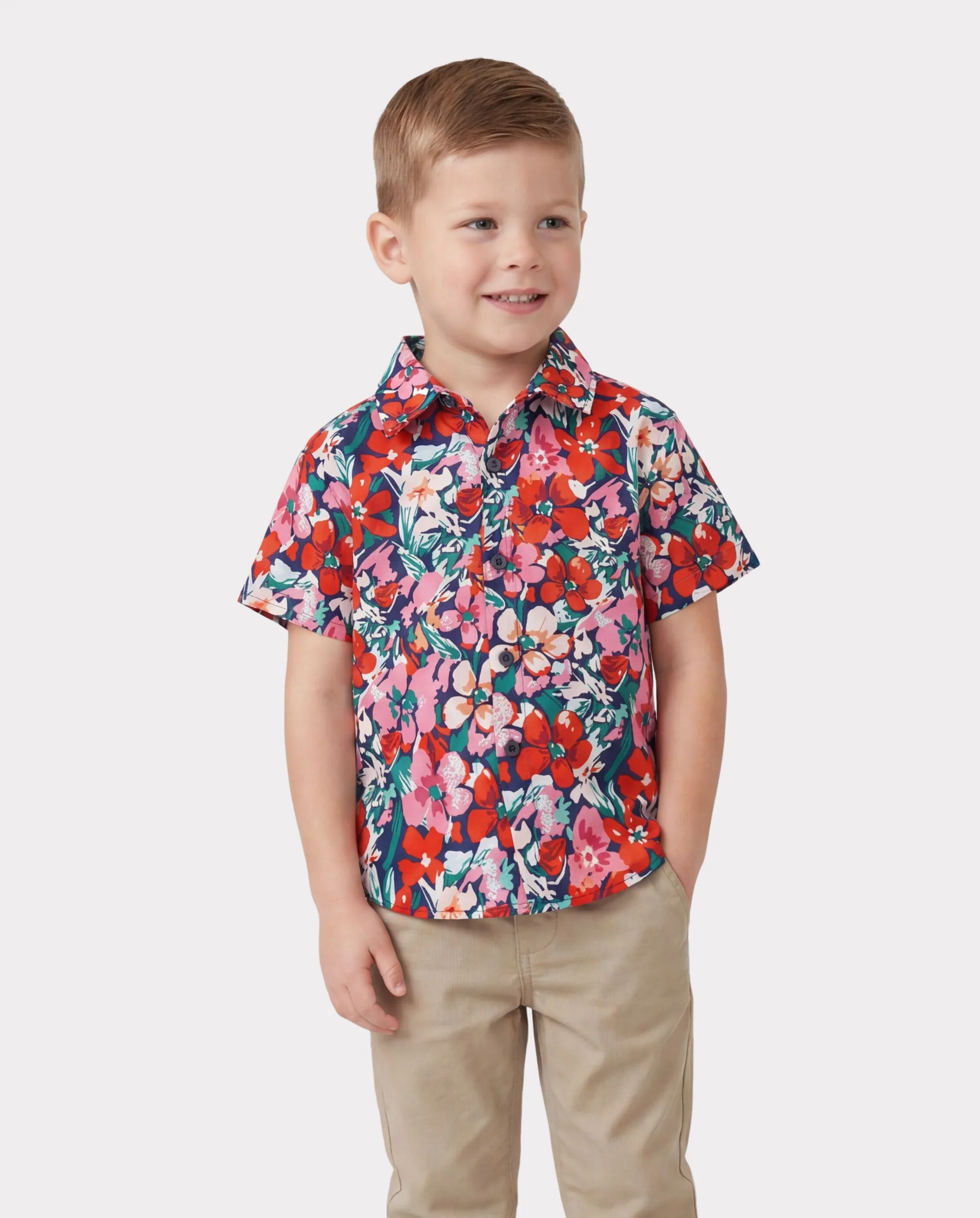 Family Matching Floral Print Short-sleeve Shirt or Off Shoulder Smocking Dresses Set Dark Blue - Image 5