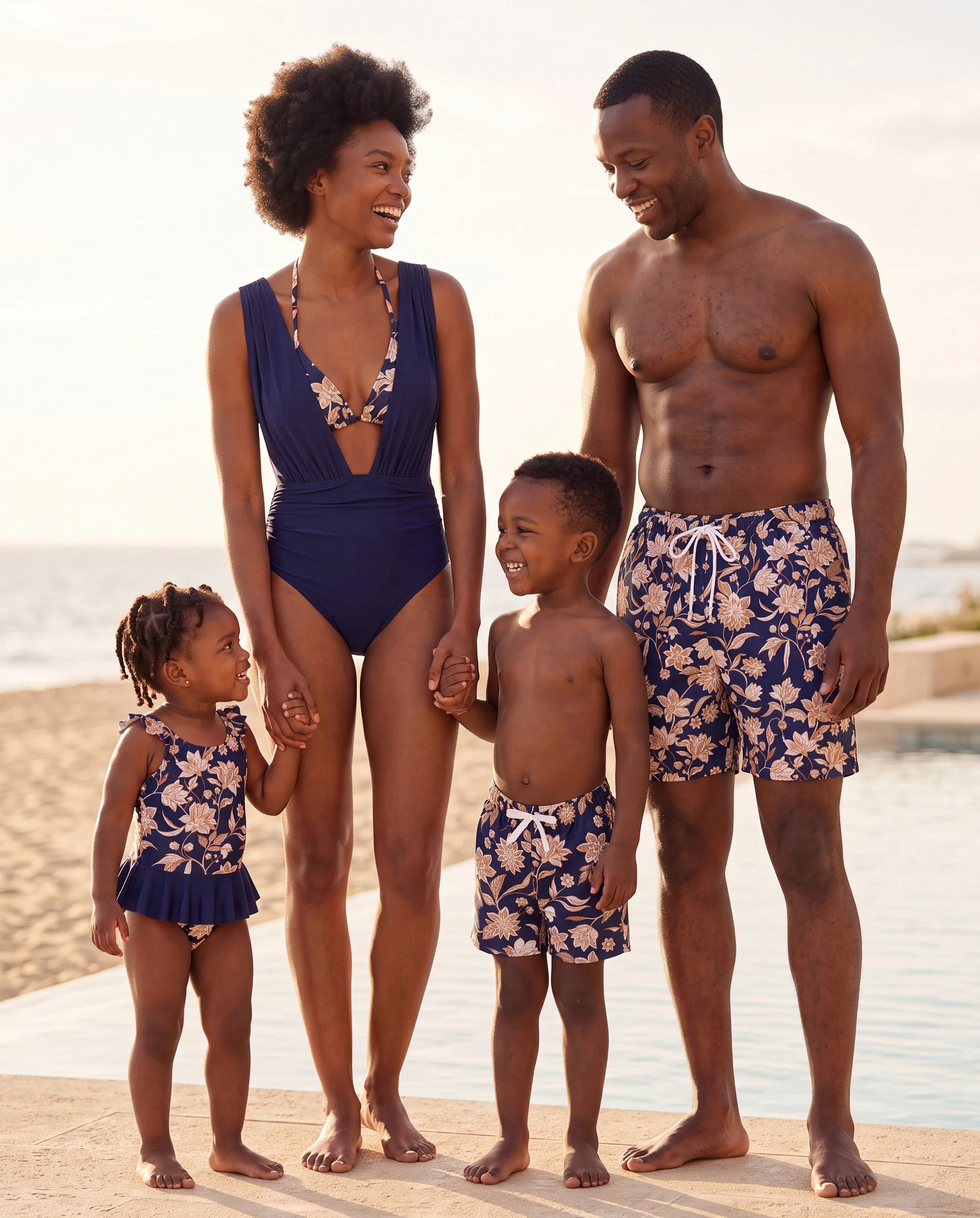 Family Matching Floral Print Swimsuits 2-in-1 One-Piece Swimsuit & Swim Trunks Deep Blue - Image 10