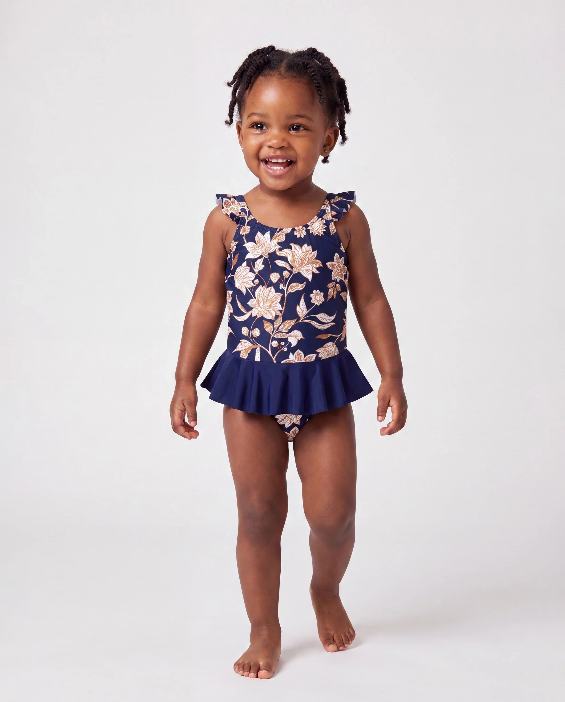 Family Matching Floral Print Swimsuits 2-in-1 One-Piece Swimsuit & Swim Trunks Deep Blue - Image 3