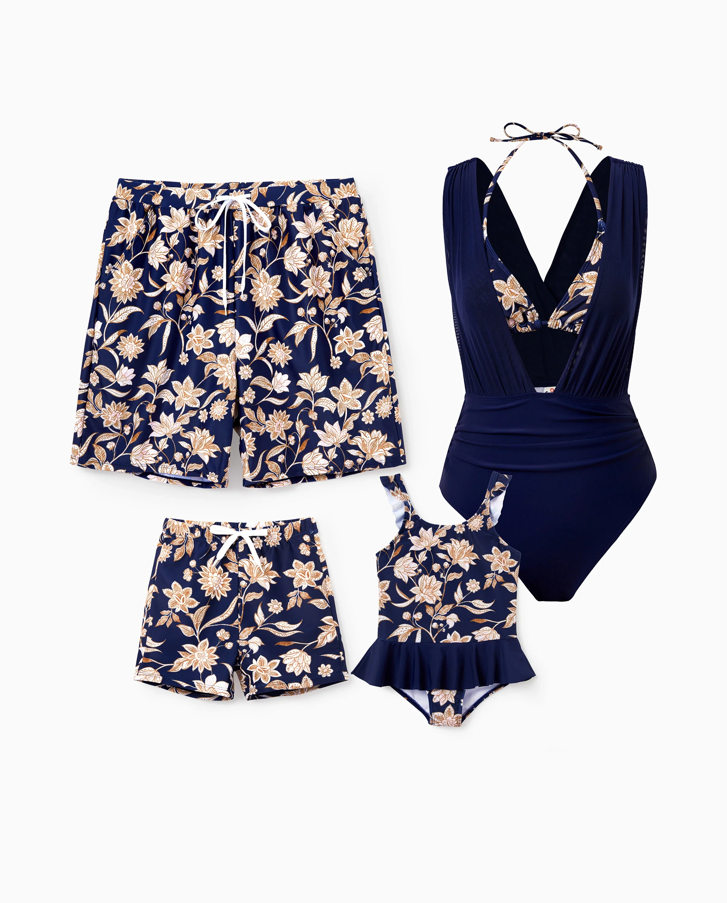 Family Matching Floral Print Swimsuits 2-in-1 One-Piece Swimsuit & Swim Trunks Deep Blue - Image 9