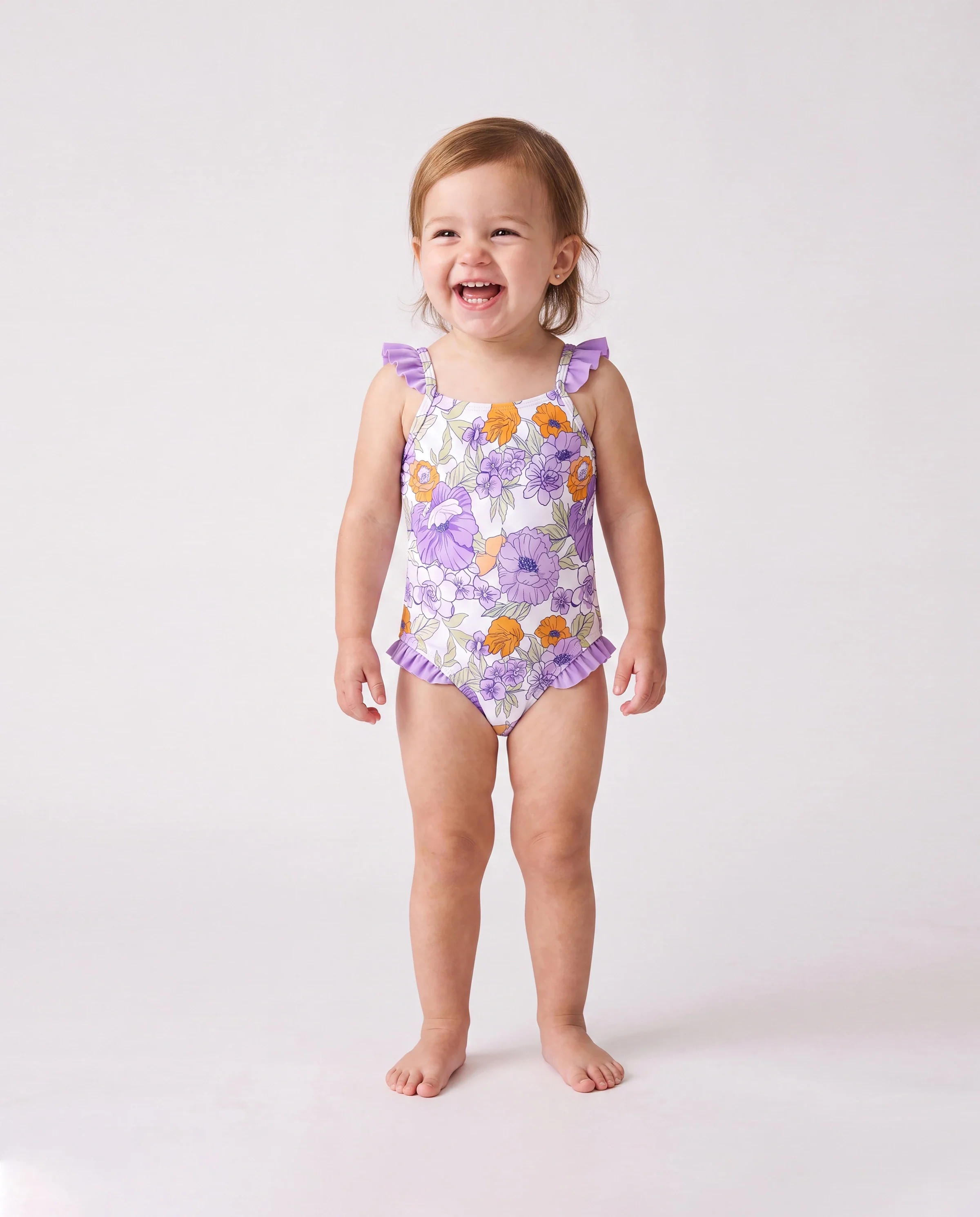 Family Matching Floral Print Swimsuits Ruffled One-Piece Bathing Suit & Swim Trunks Set Purple - Image 3