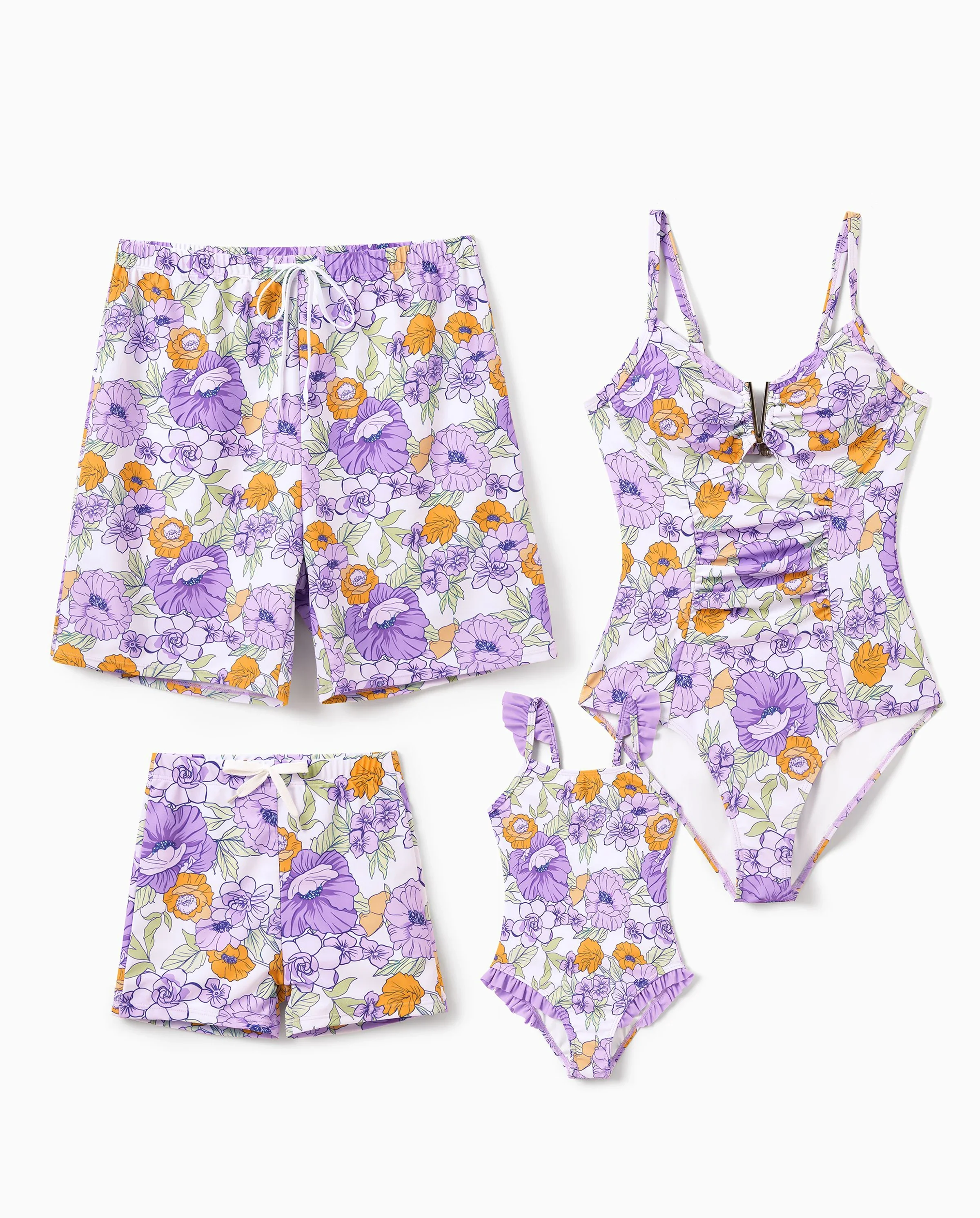 Family Matching Floral Print Swimsuits Ruffled One-Piece Bathing Suit & Swim Trunks Set Purple - Image 9