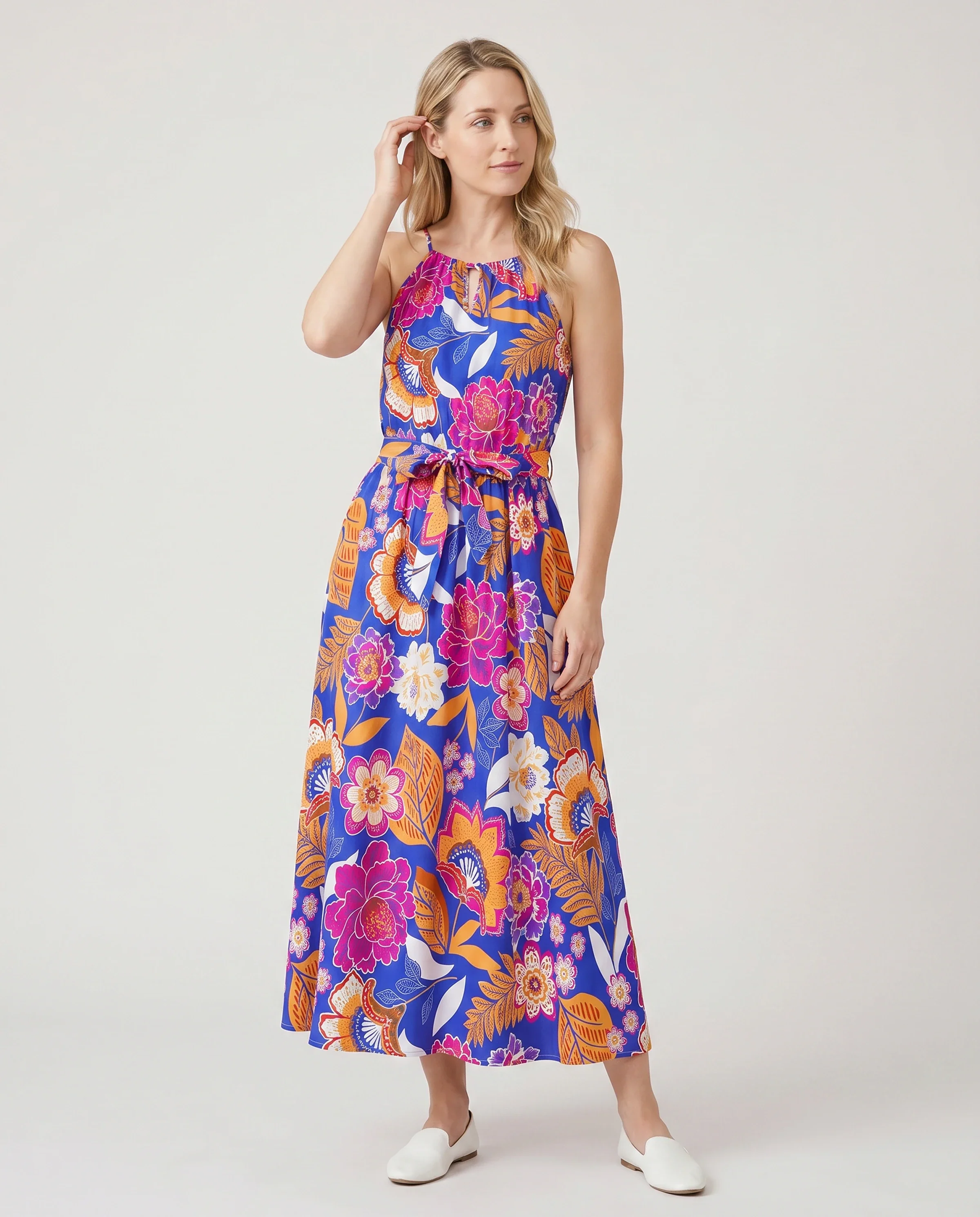 Family Matching Hawaiian Outfits Tropical Floral Print Vacation Clothes Strap Belted Dress or Short-sleeve Shirts Summer Beachwear Set Navy - Image 2