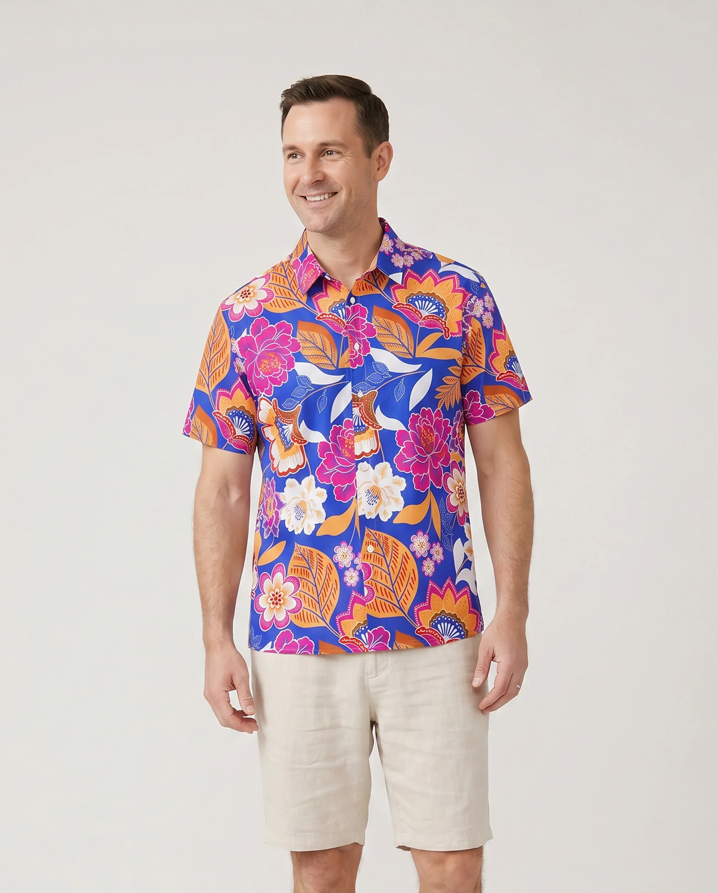 Family Matching Hawaiian Outfits Tropical Floral Print Vacation Clothes Strap Belted Dress or Short-sleeve Shirts Summer Beachwear Set Navy - Image 6