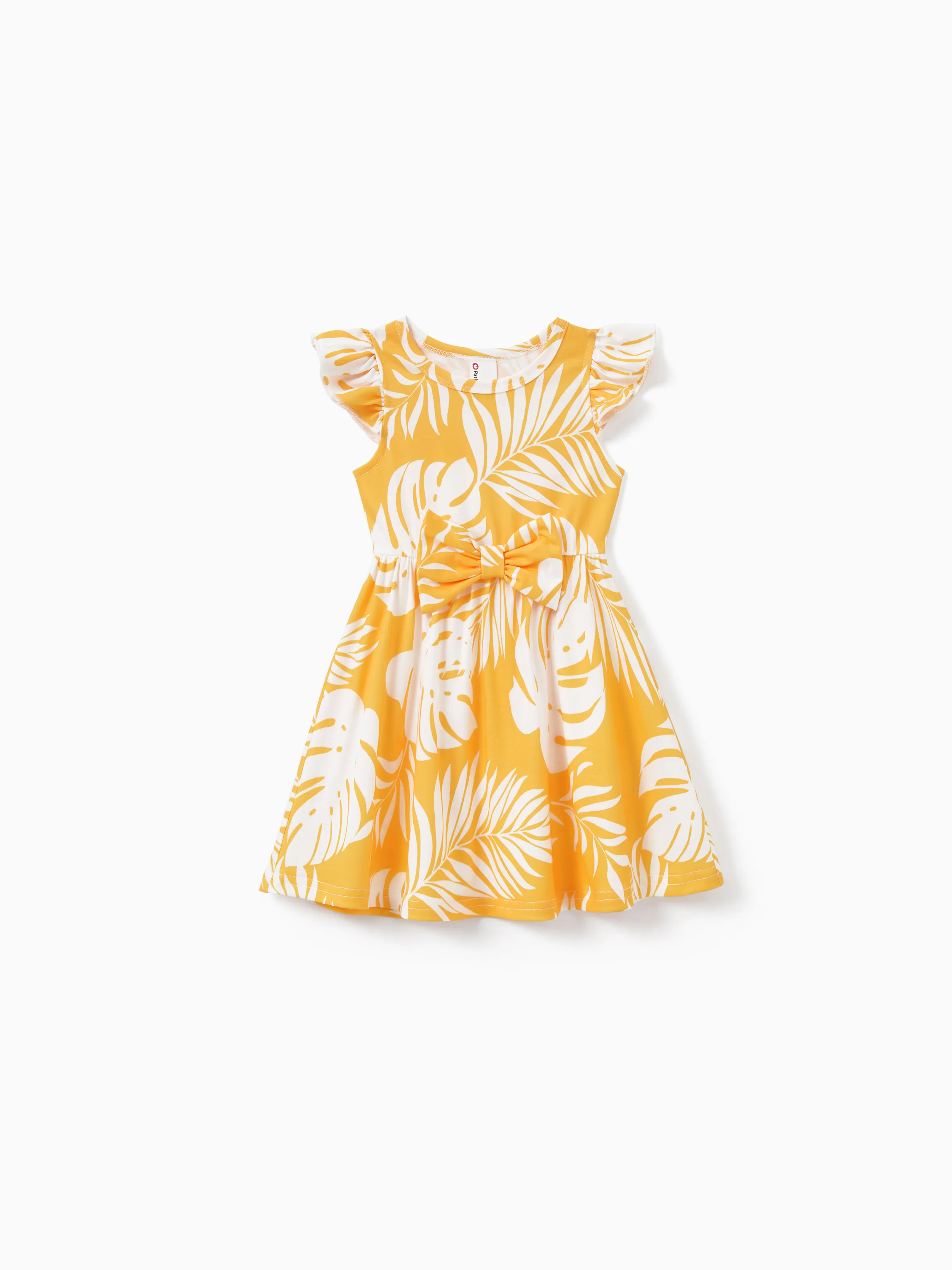 Family Matching Leaf Print Flutter Dress or Short-sleeve Colorblock Shirts Yellow - Image 11