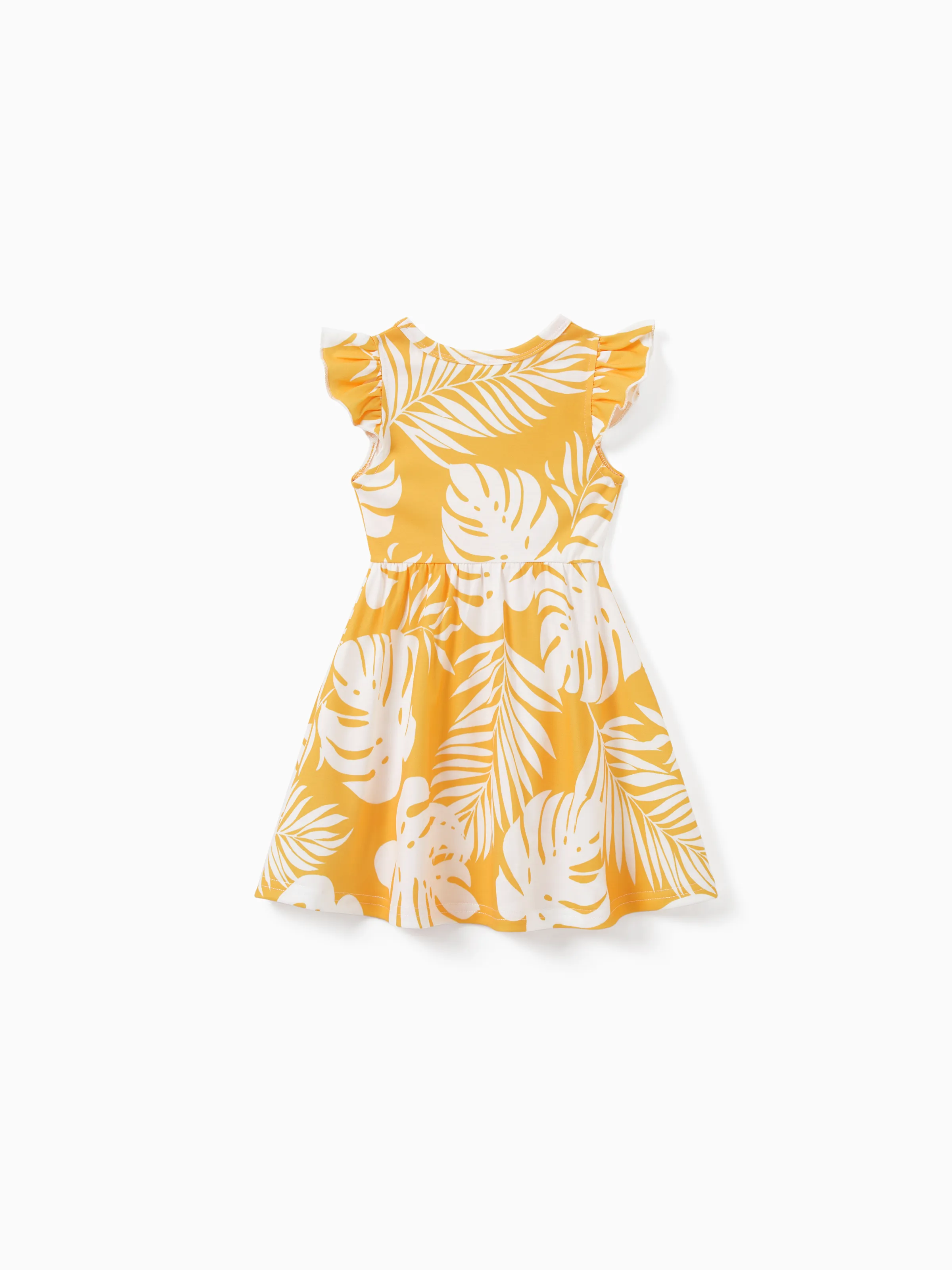 Family Matching Leaf Print Flutter Dress or Short-sleeve Colorblock Shirts Yellow - Image 12