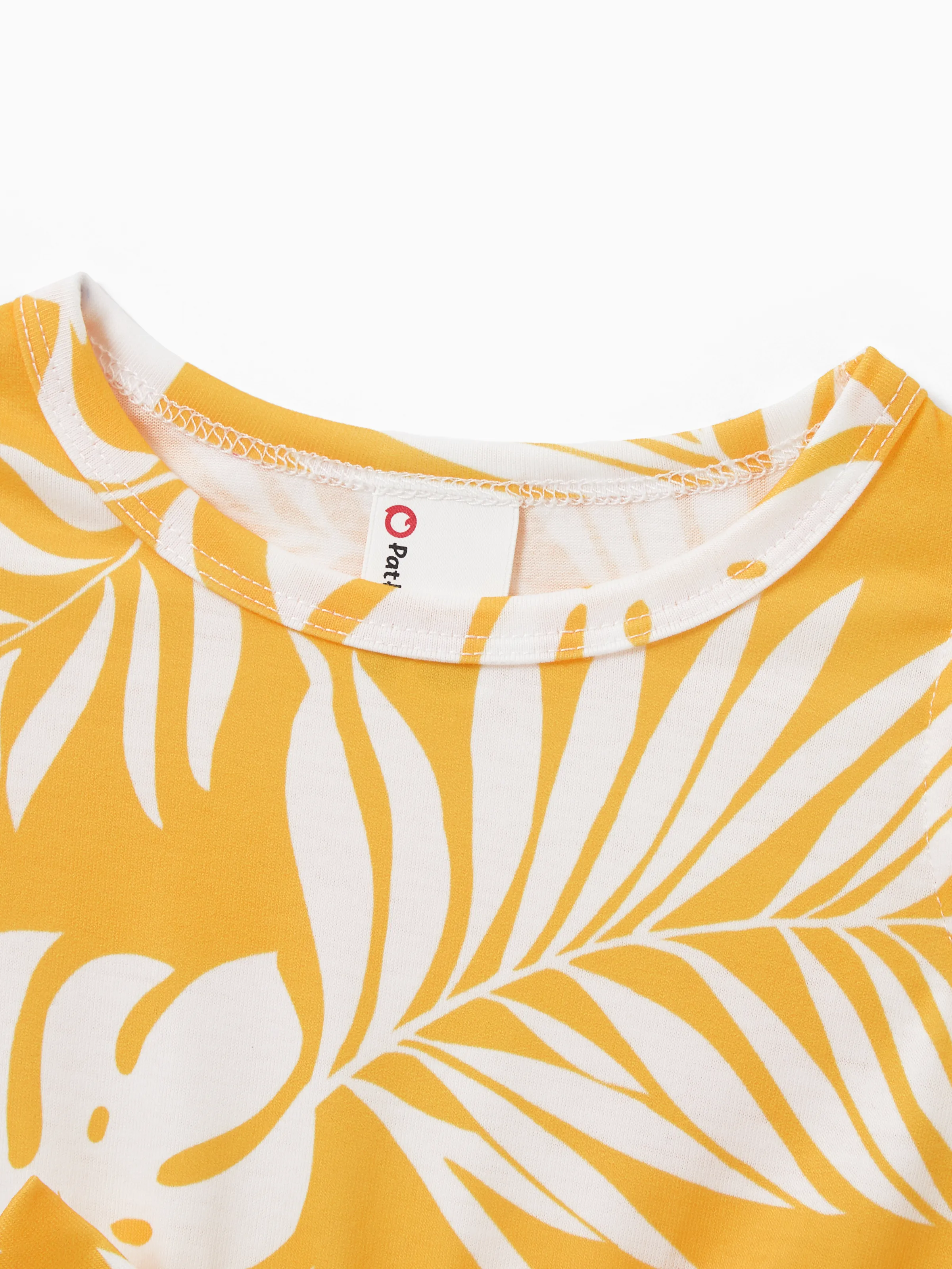 Family Matching Leaf Print Flutter Dress or Short-sleeve Colorblock Shirts Yellow - Image 13