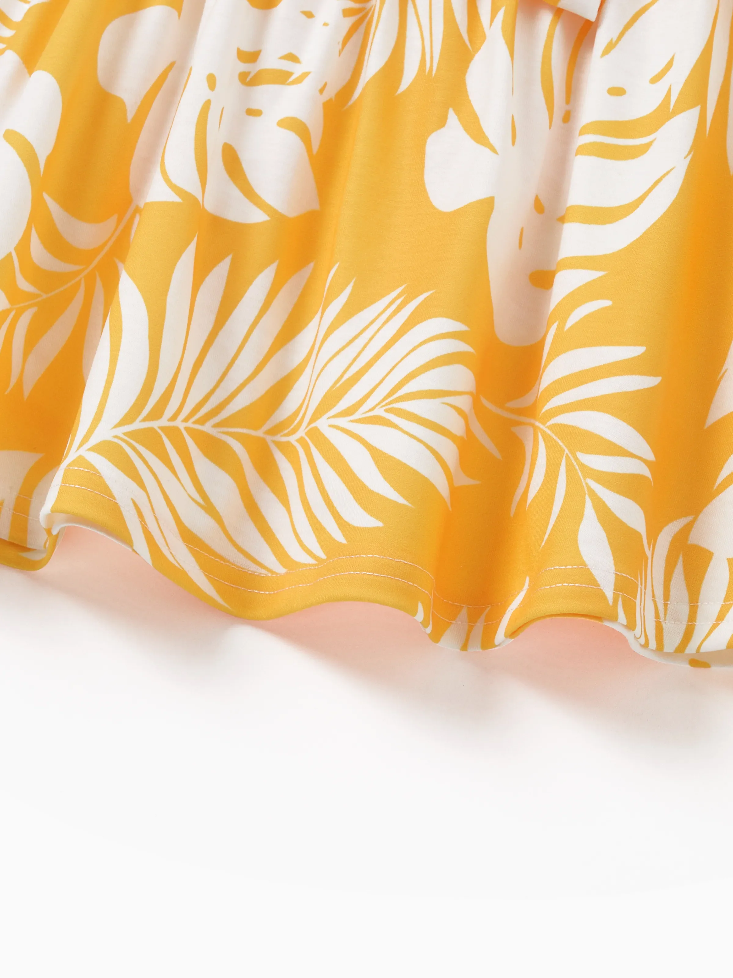 Family Matching Leaf Print Flutter Dress or Short-sleeve Colorblock Shirts Yellow - Image 15