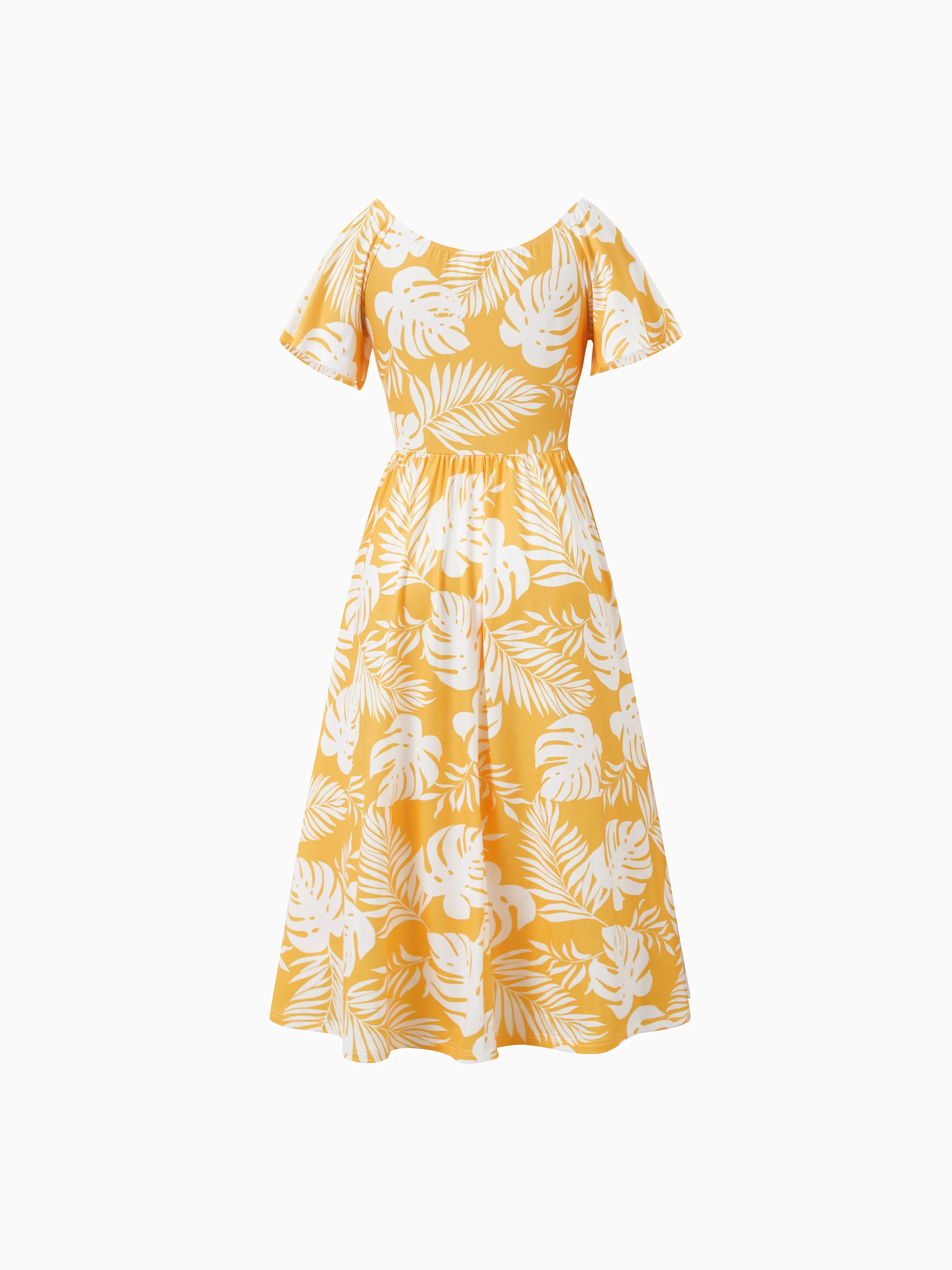 Family Matching Leaf Print Flutter Dress or Short-sleeve Colorblock Shirts Yellow - Image 3