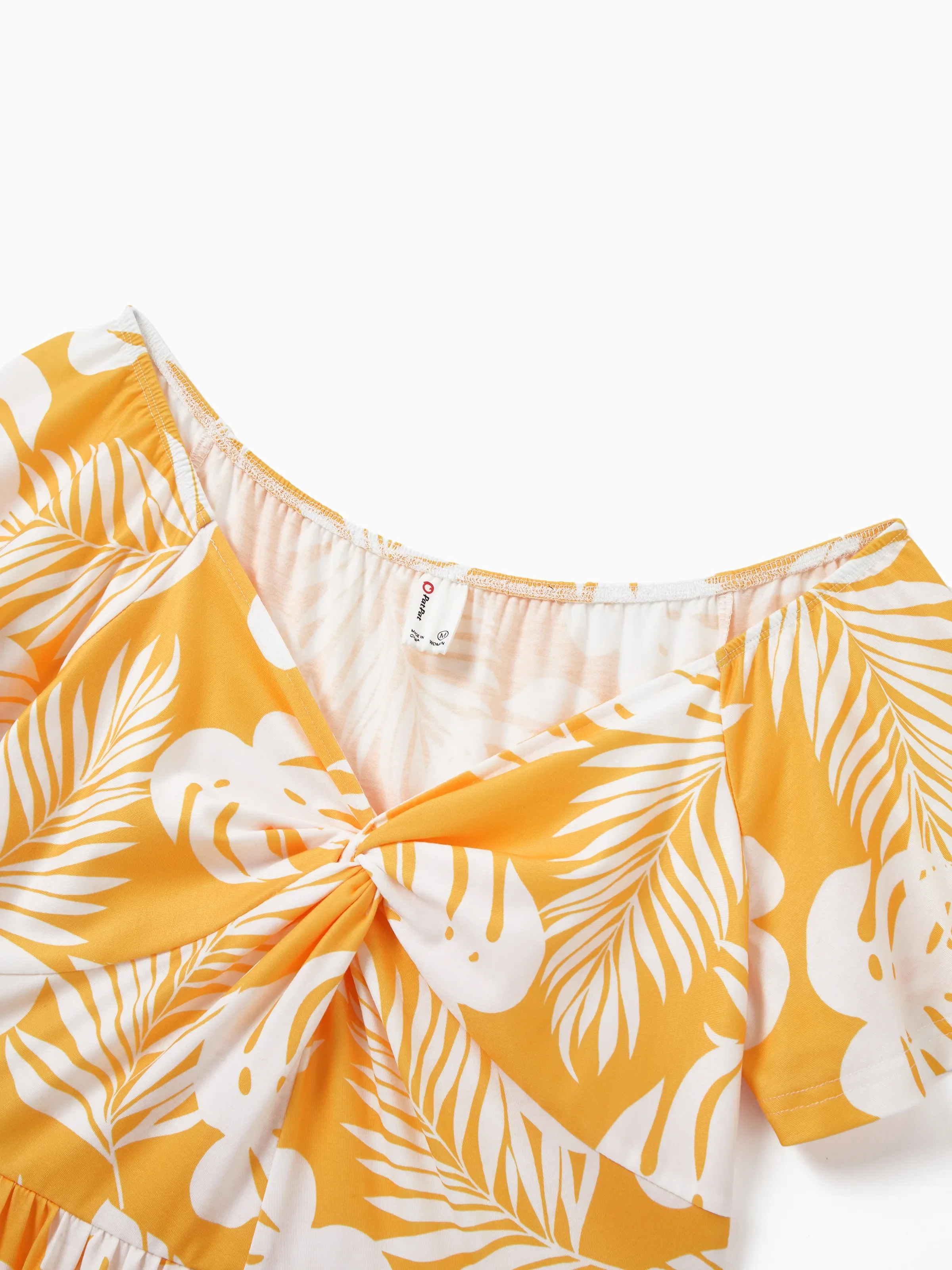 Family Matching Leaf Print Flutter Dress or Short-sleeve Colorblock Shirts Yellow - Image 4