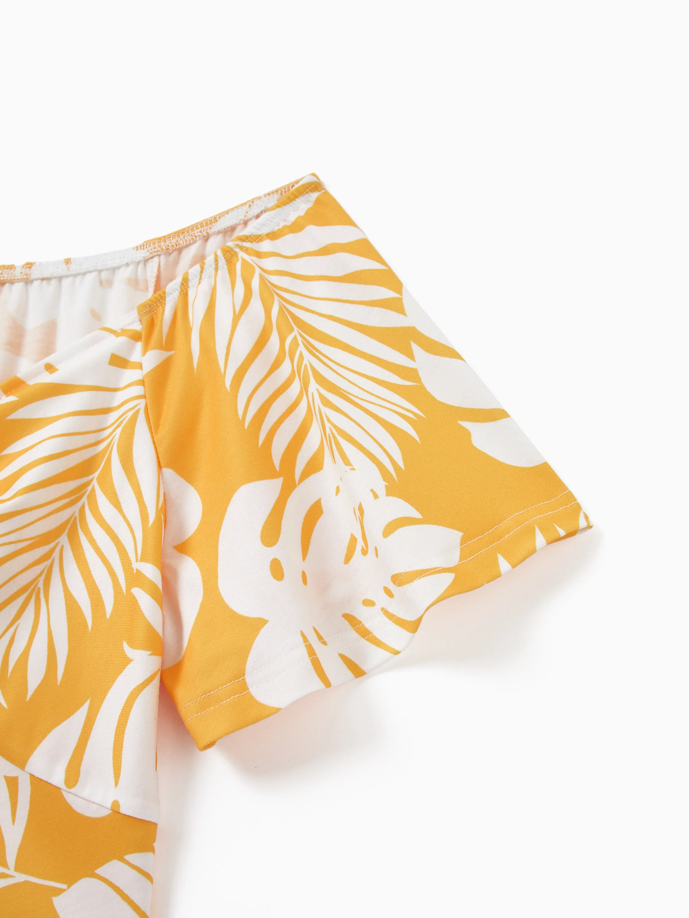 Family Matching Leaf Print Flutter Dress or Short-sleeve Colorblock Shirts Yellow - Image 5