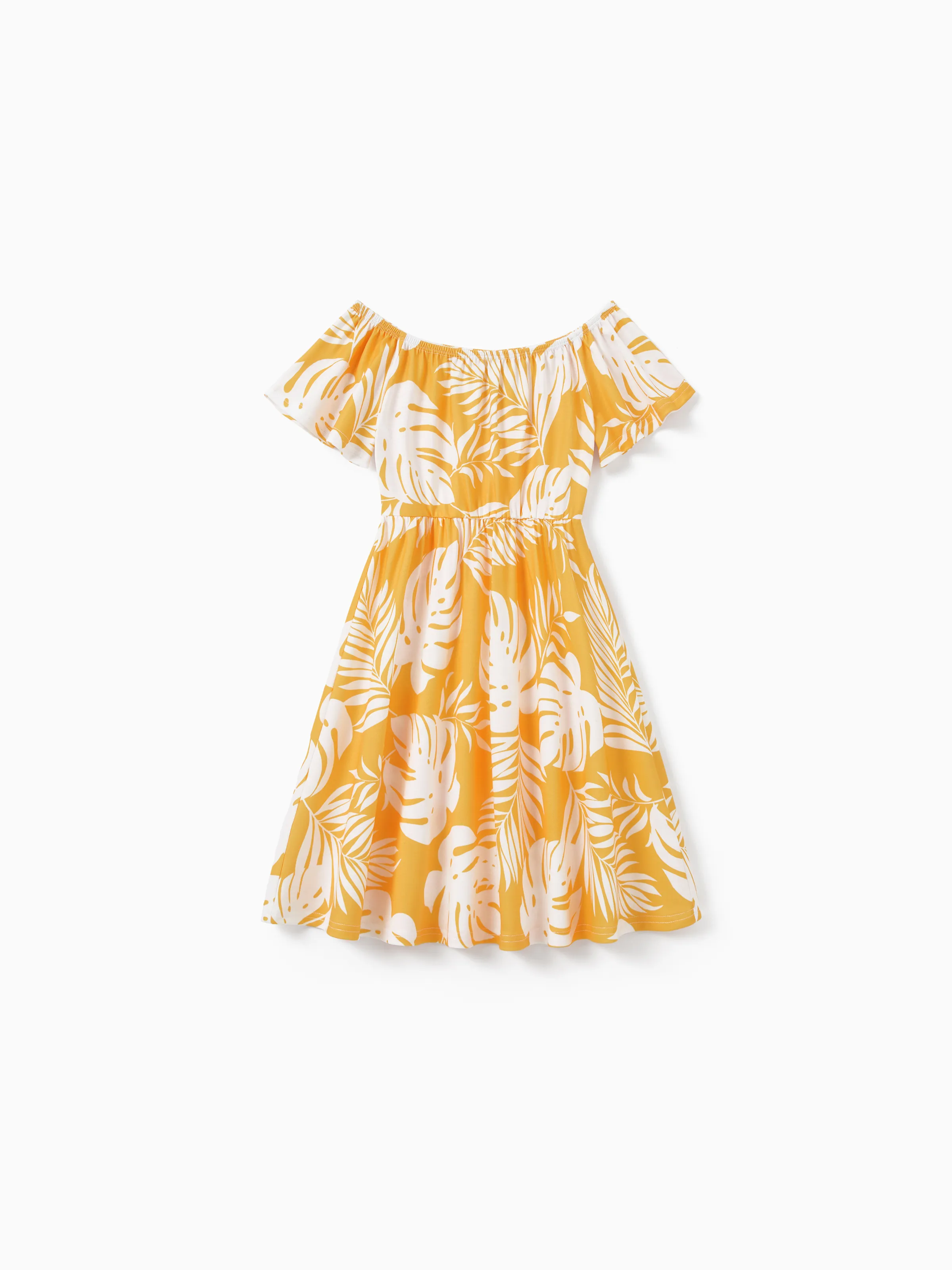 Family Matching Leaf Print Flutter Dress or Short-sleeve Colorblock Shirts Yellow - Image 6