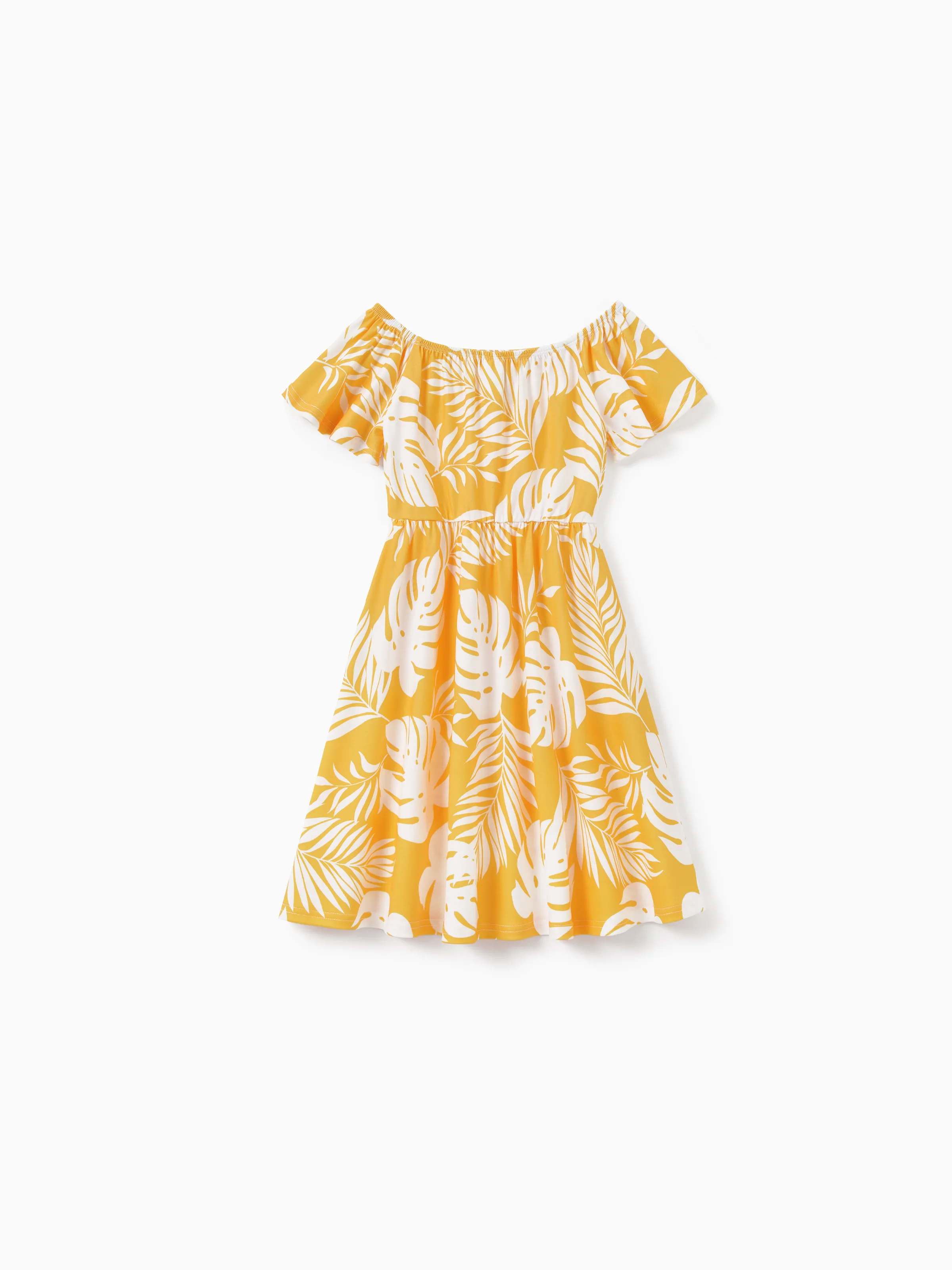 Family Matching Leaf Print Flutter Dress or Short-sleeve Colorblock Shirts Yellow - Image 7
