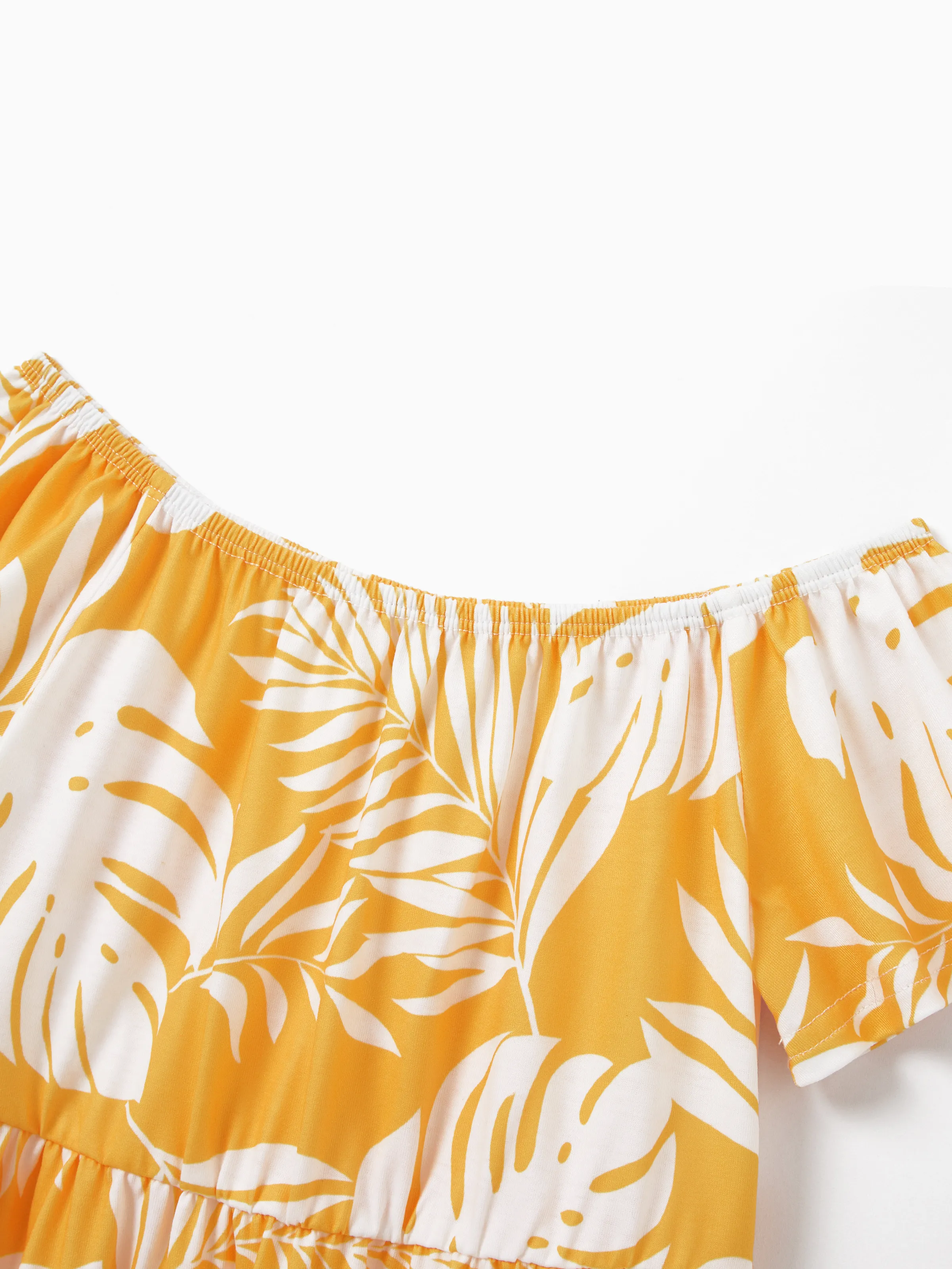 Family Matching Leaf Print Flutter Dress or Short-sleeve Colorblock Shirts Yellow - Image 8