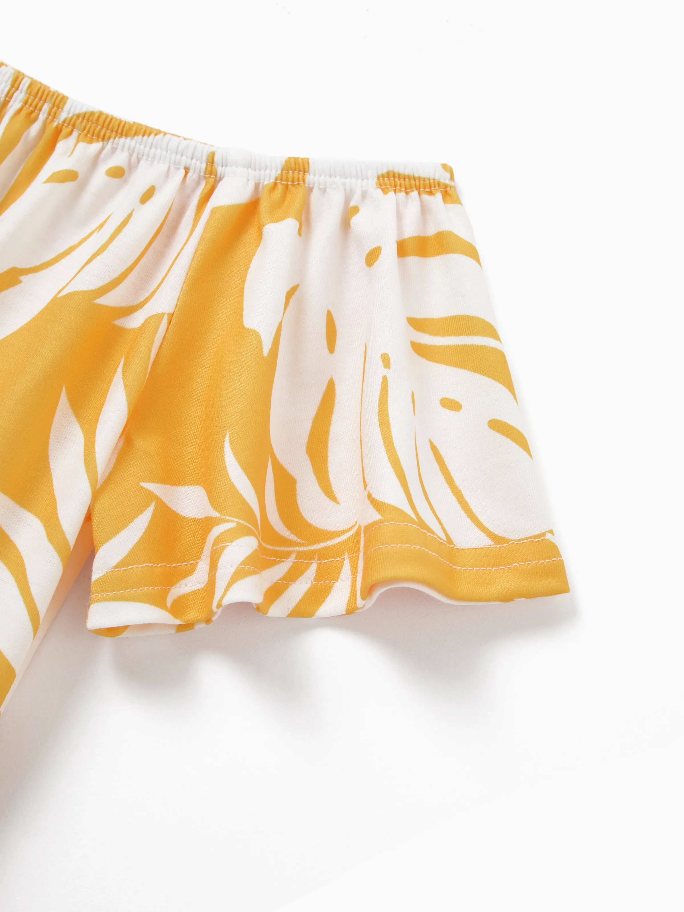 Family Matching Leaf Print Flutter Dress or Short-sleeve Colorblock Shirts Yellow - Image 9