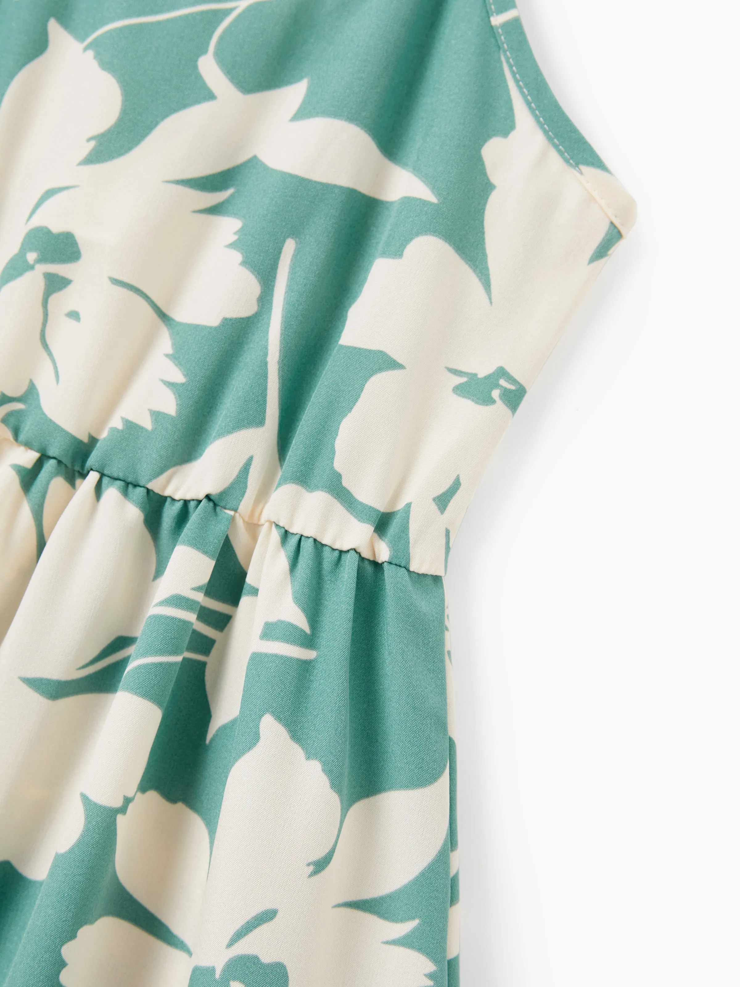 Family Matching Leaf Print Green Short-sleeve Shirt or Sling Shirred Dress Set Green - Image 12
