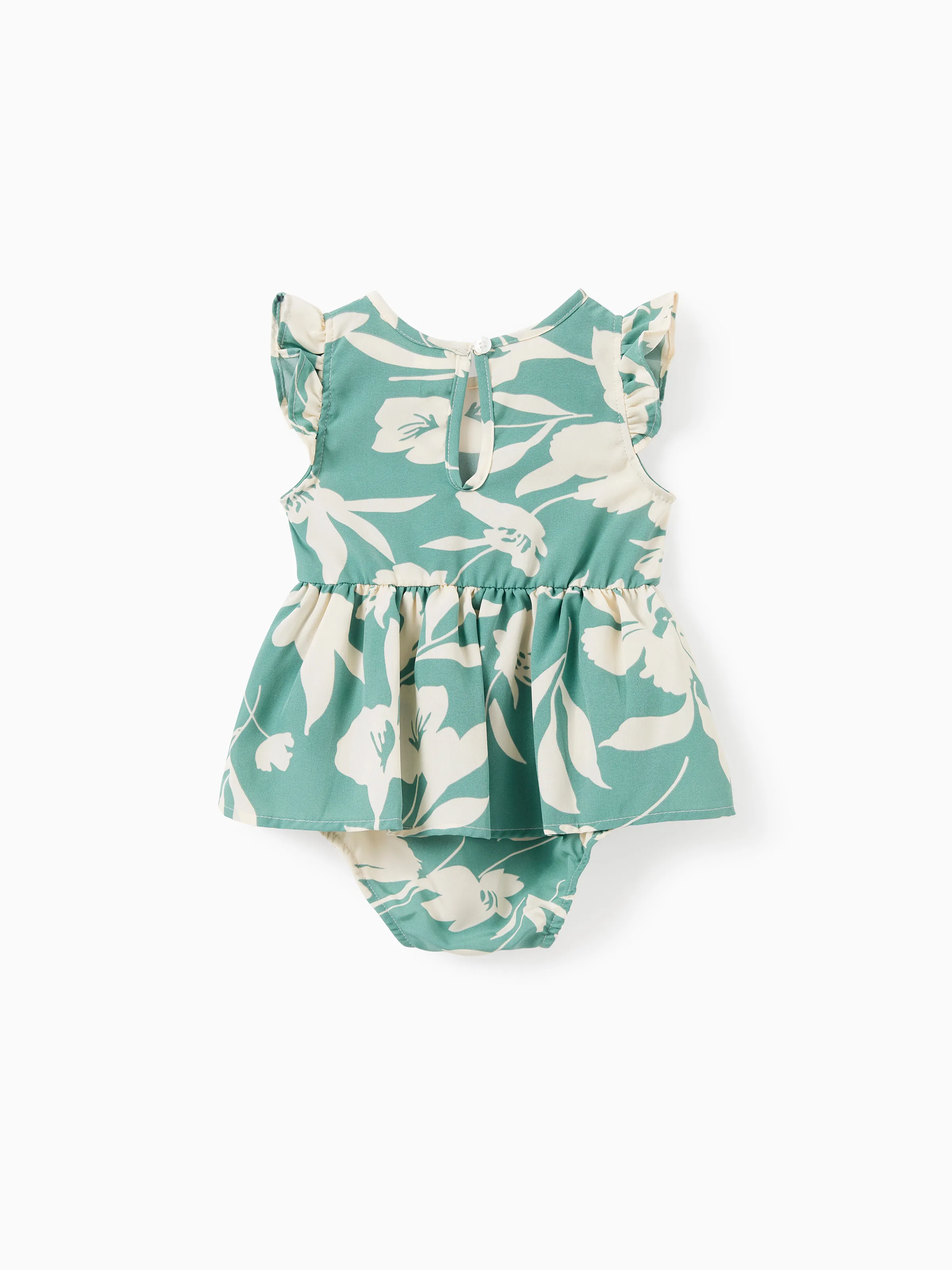 Family Matching Leaf Print Green Short-sleeve Shirt or Sling Shirred Dress Set Green - Image 14
