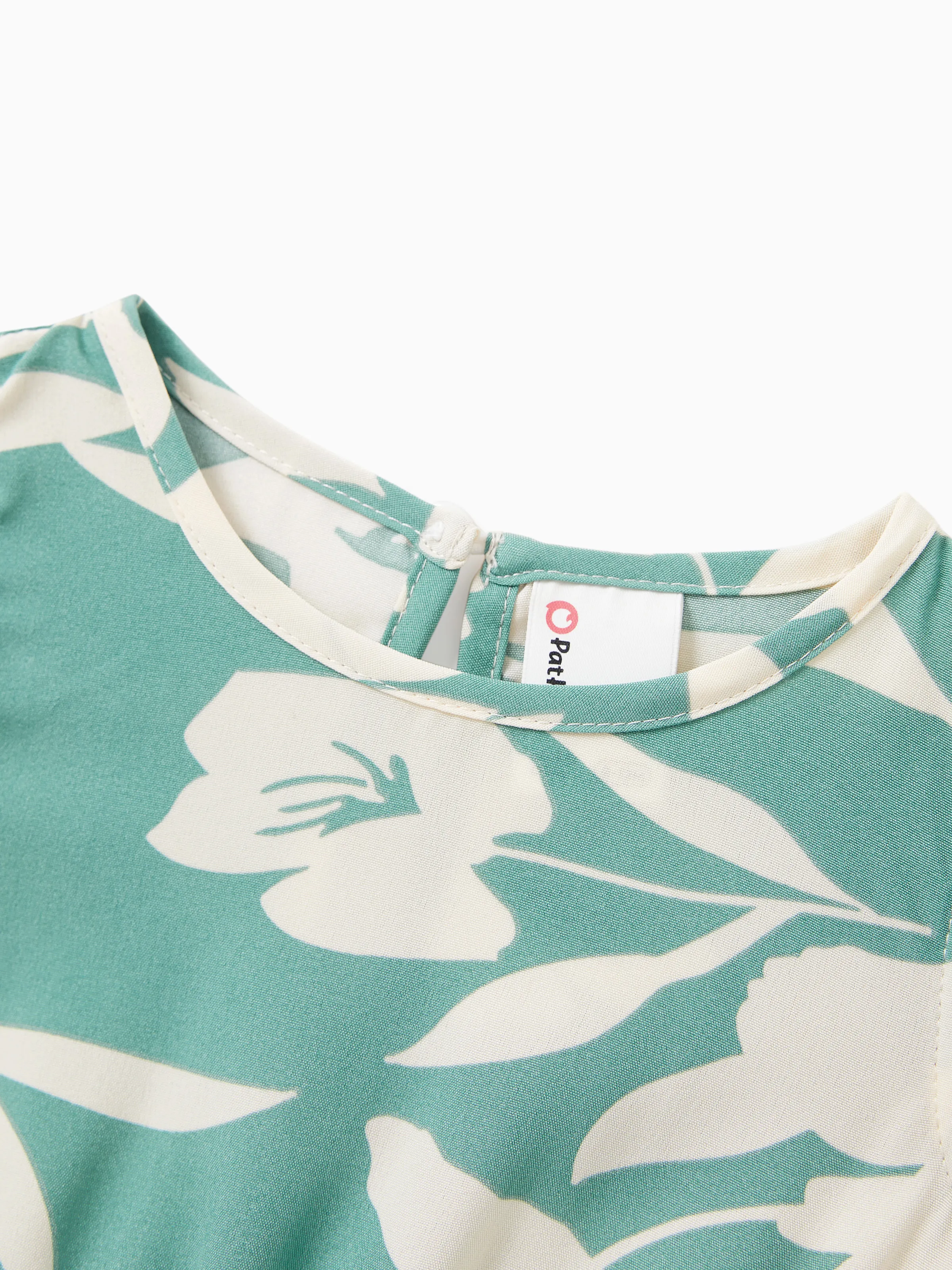 Family Matching Leaf Print Green Short-sleeve Shirt or Sling Shirred Dress Set Green - Image 17