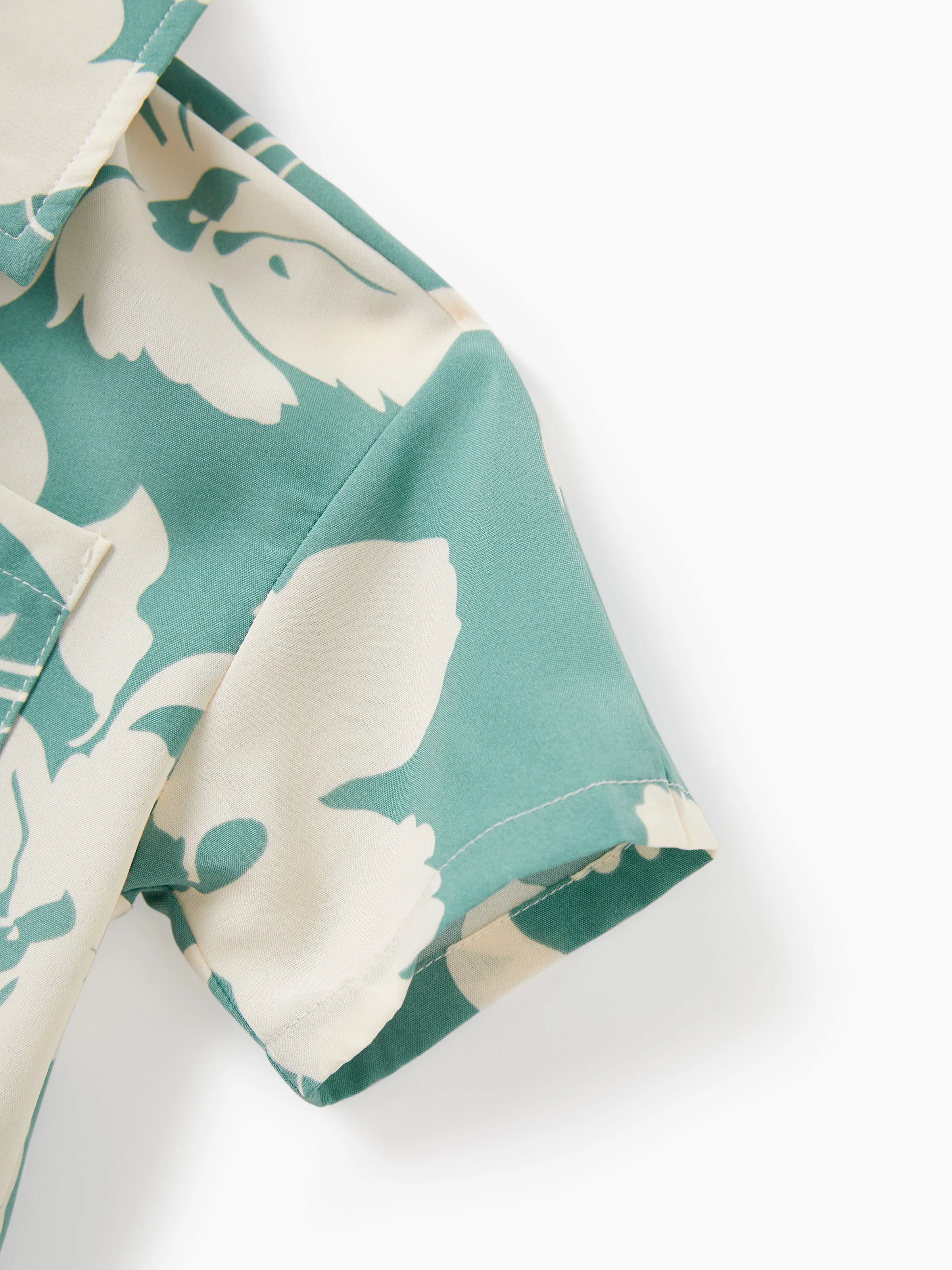 Family Matching Leaf Print Green Short-sleeve Shirt or Sling Shirred Dress Set Green - Image 20