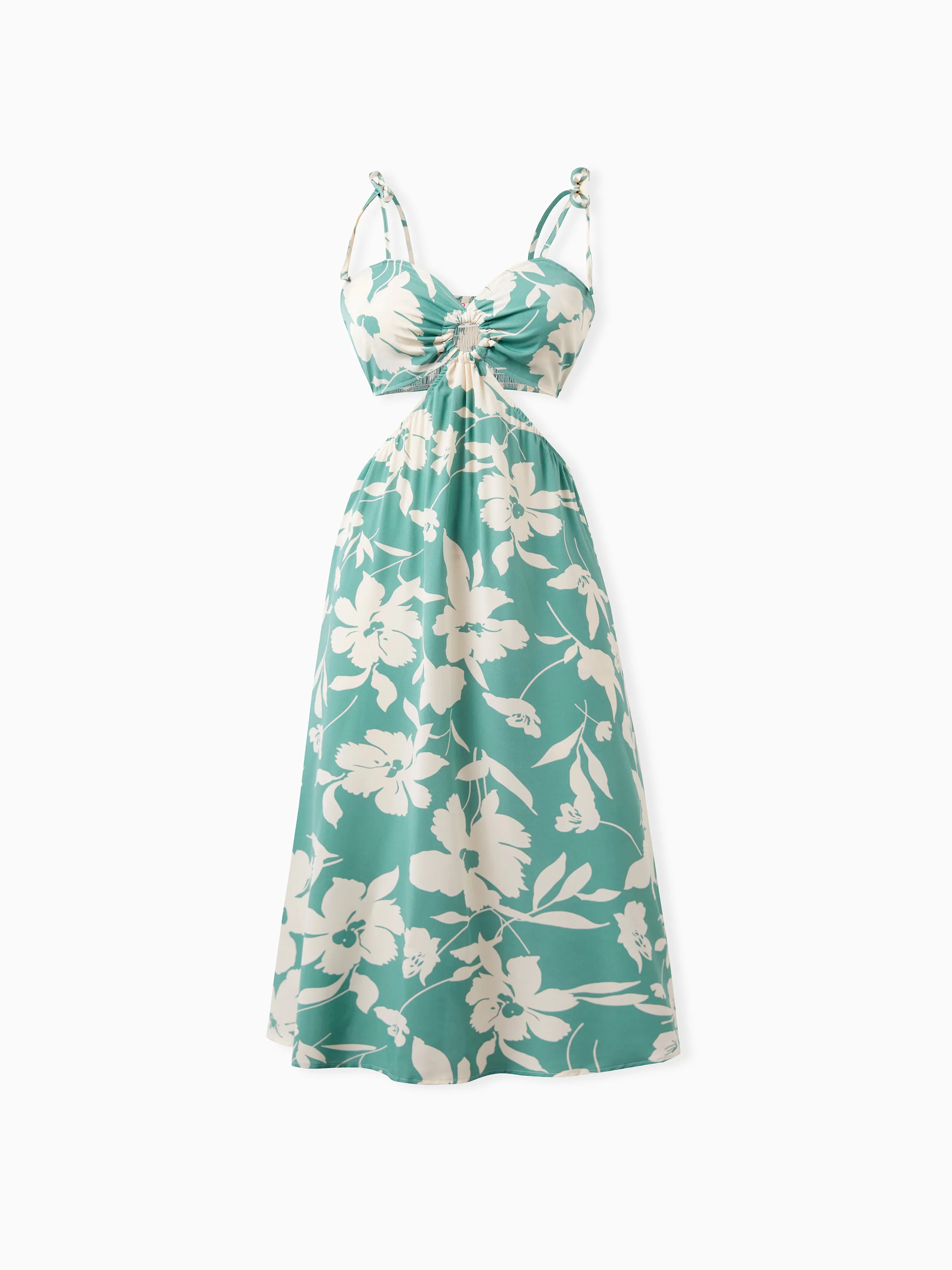 Family Matching Leaf Print Green Short-sleeve Shirt or Sling Shirred Dress Set Green - Image 3