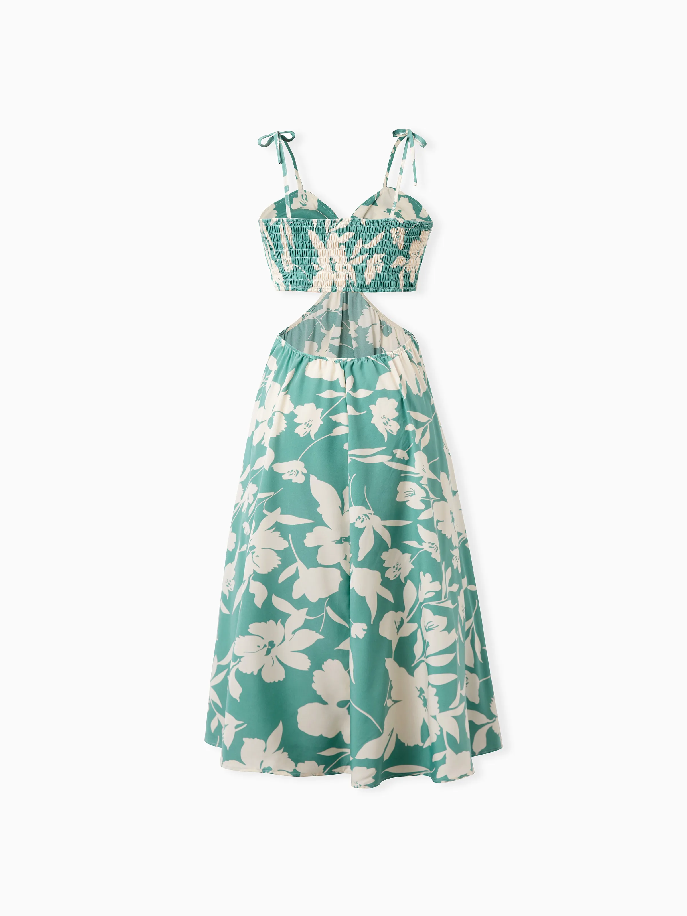 Family Matching Leaf Print Green Short-sleeve Shirt or Sling Shirred Dress Set Green - Image 4