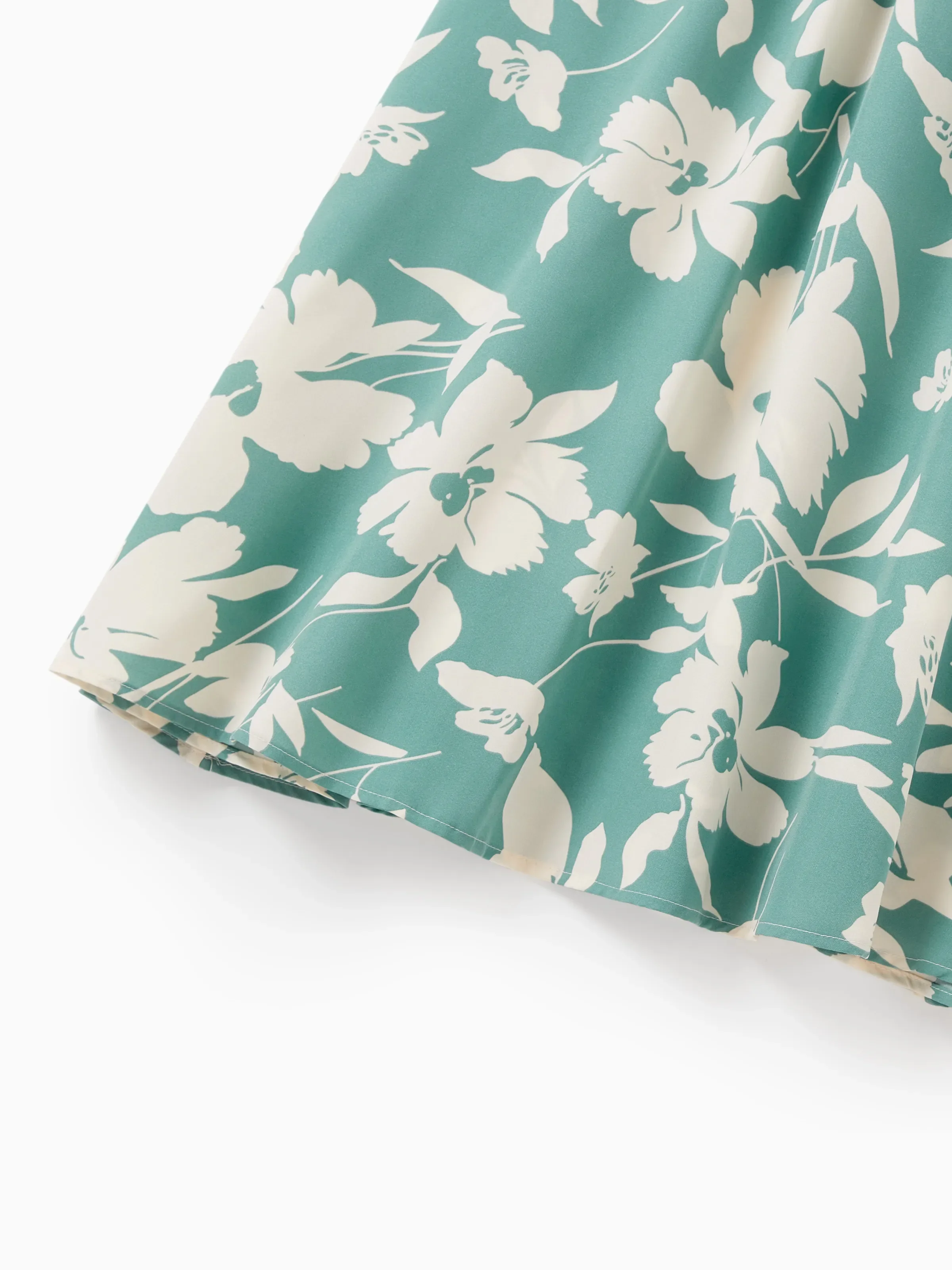 Family Matching Leaf Print Green Short-sleeve Shirt or Sling Shirred Dress Set Green - Image 5