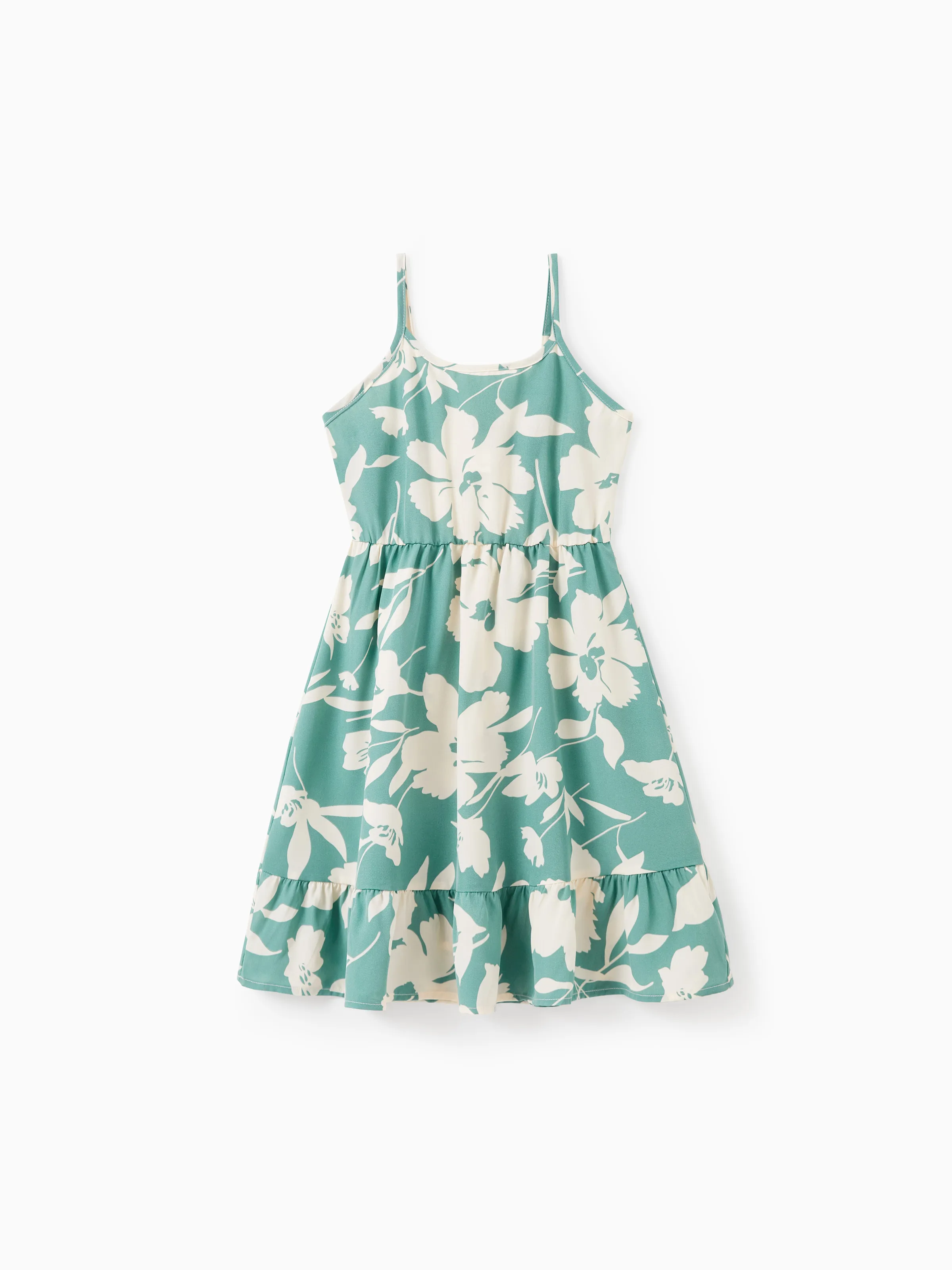 Family Matching Leaf Print Green Short-sleeve Shirt or Sling Shirred Dress Set Green - Image 8