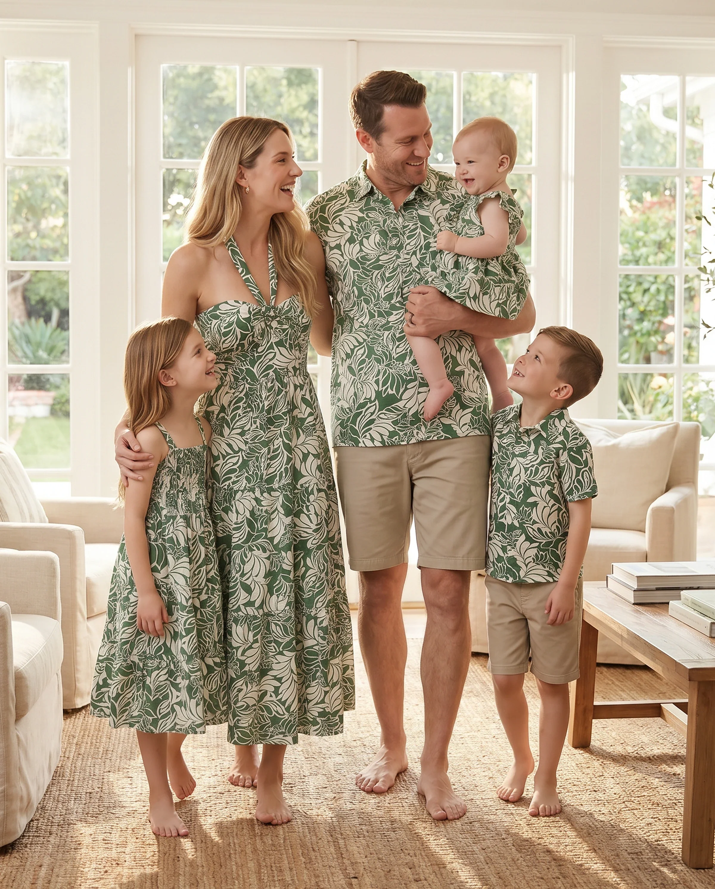Family Matching Leaf Print Short-sleeve Shirt or Halter Dress Green Set Green - Image 11