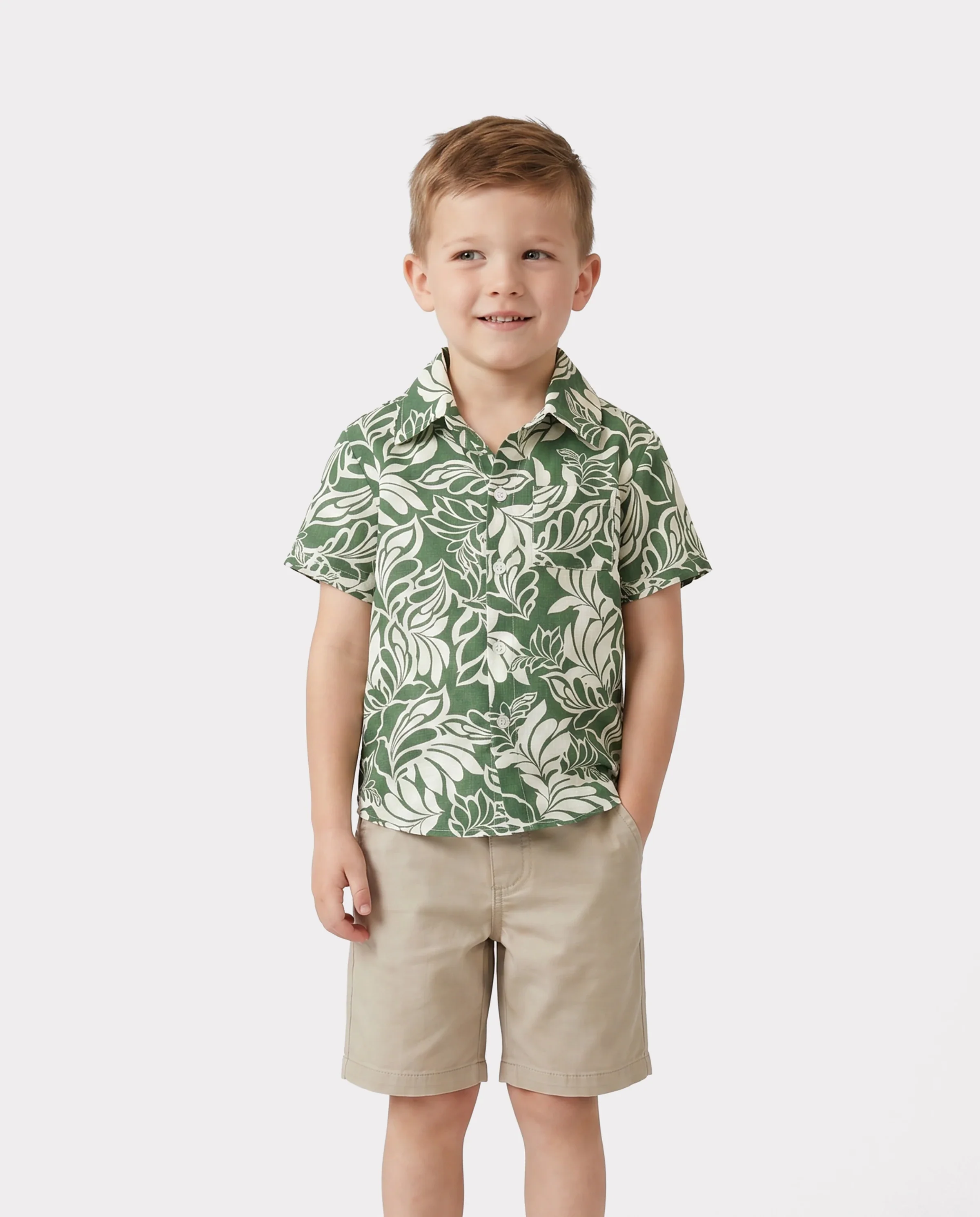Family Matching Leaf Print Short-sleeve Shirt or Halter Dress Green Set Green - Image 5