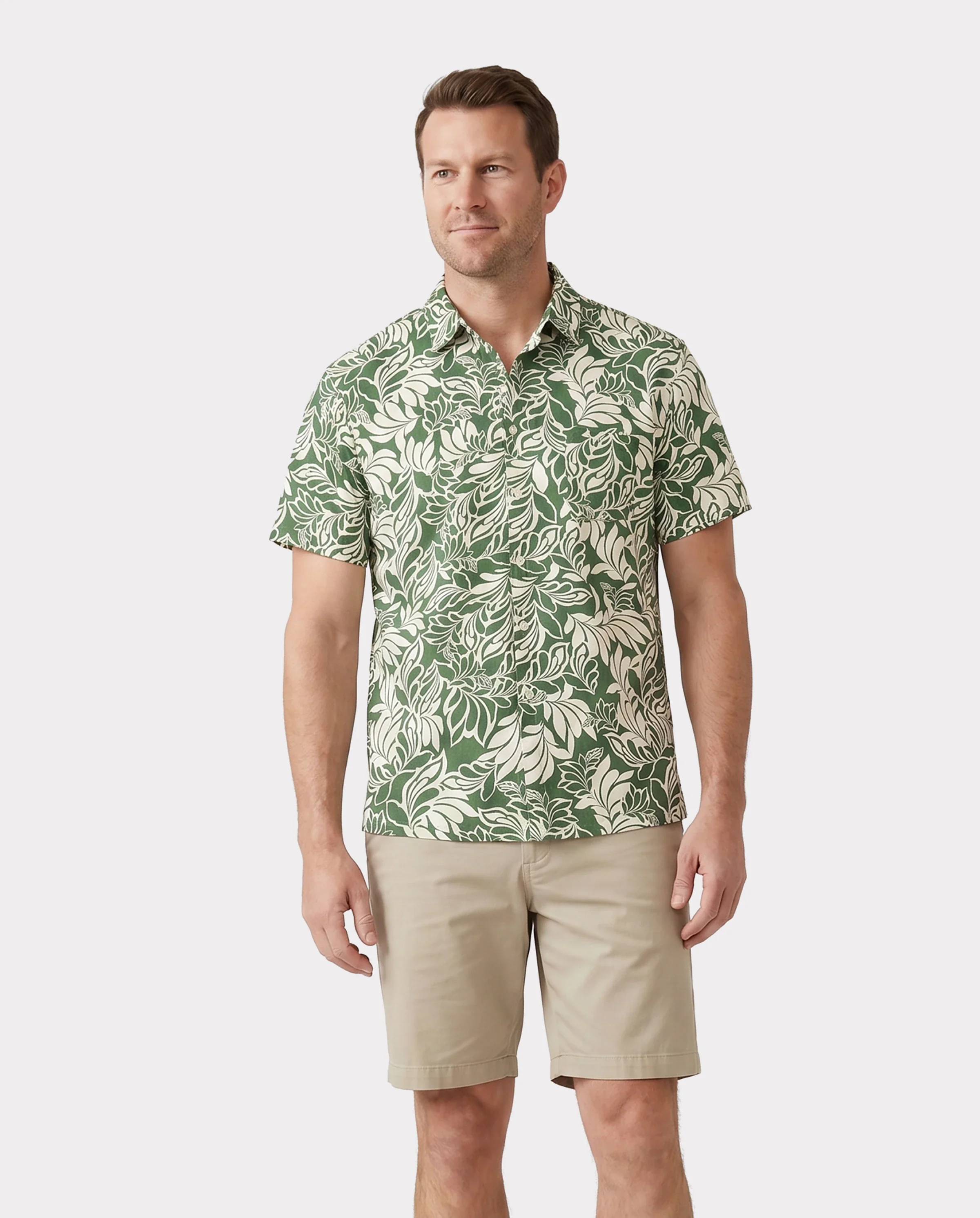 Family Matching Leaf Print Short-sleeve Shirt or Halter Dress Green Set Green - Image 6