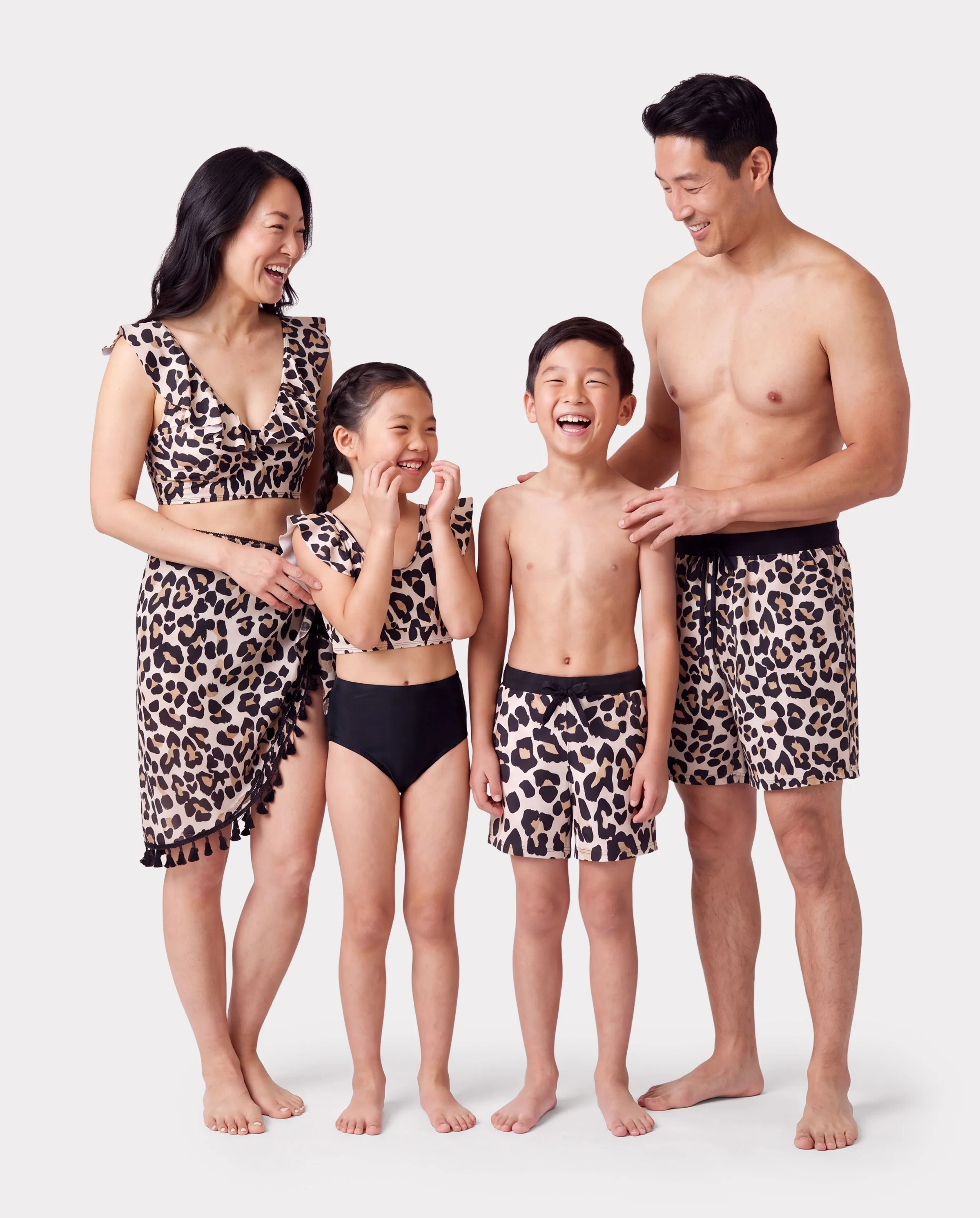 Family Matching Leopard Pattern Drawstring Swim Trunks or Ruffle Neck Two-Piece Bikini with Optional Cover Up Sarong Skirt Black