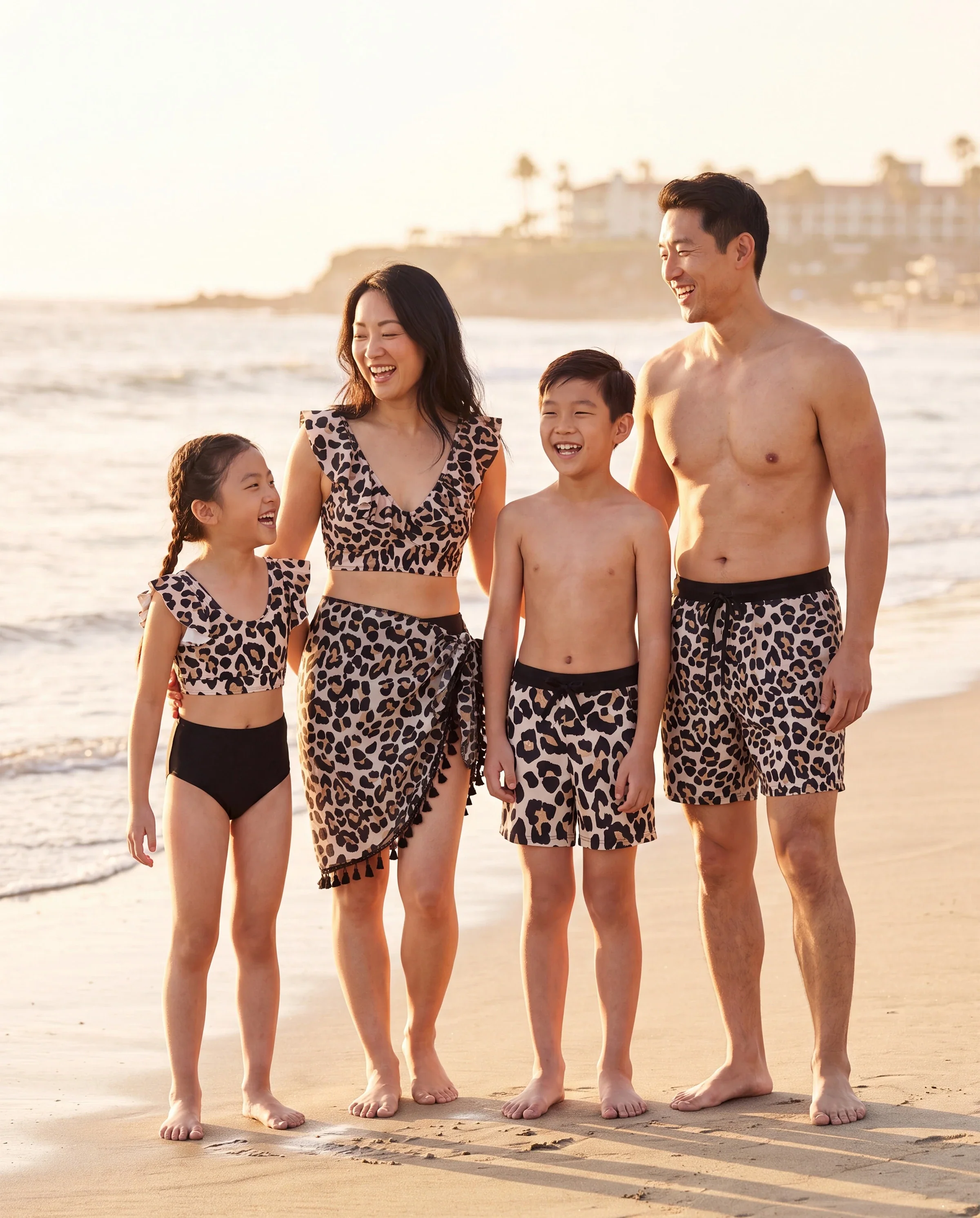 Family Matching Leopard Pattern Drawstring Swim Trunks or Ruffle Neck Two-Piece Bikini with Optional Cover Up Sarong Skirt Black - Image 10