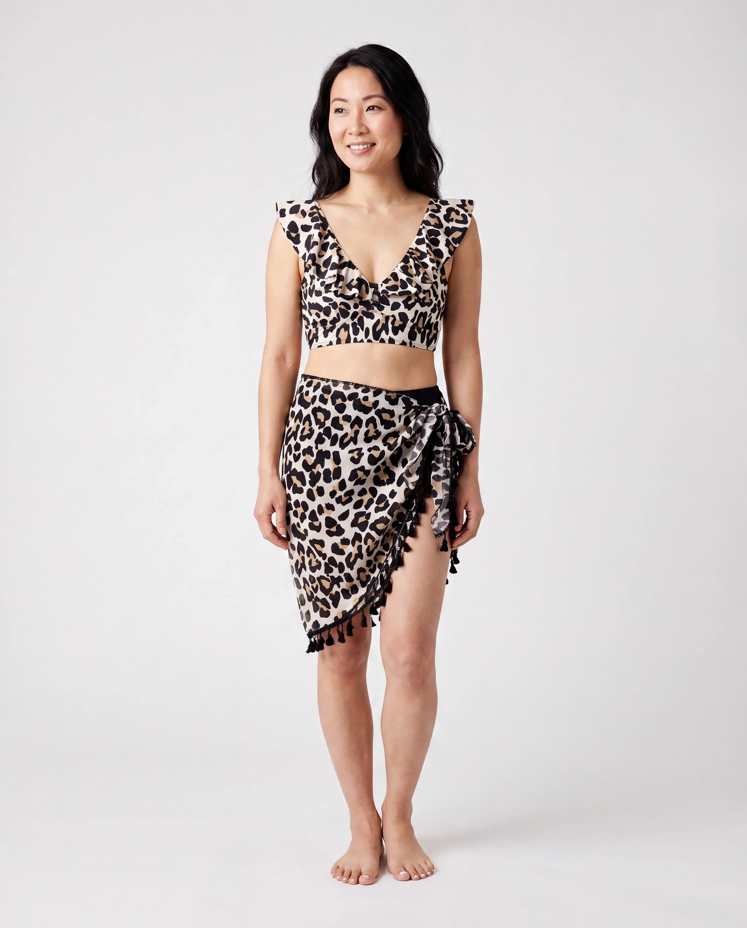 Family Matching Leopard Pattern Drawstring Swim Trunks or Ruffle Neck Two-Piece Bikini with Optional Cover Up Sarong Skirt Black - Image 2