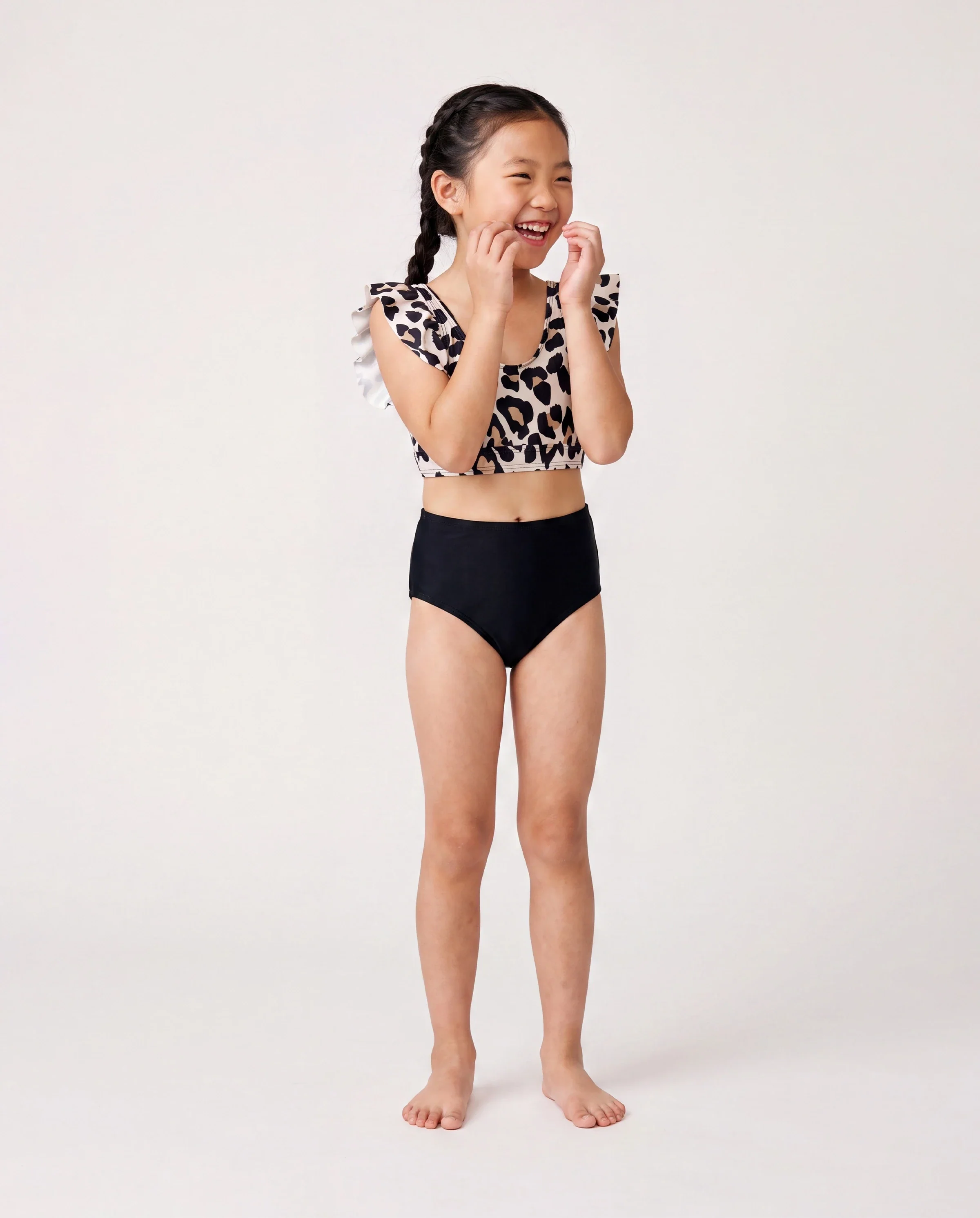Family Matching Leopard Pattern Drawstring Swim Trunks or Ruffle Neck Two-Piece Bikini with Optional Cover Up Sarong Skirt Black - Image 3