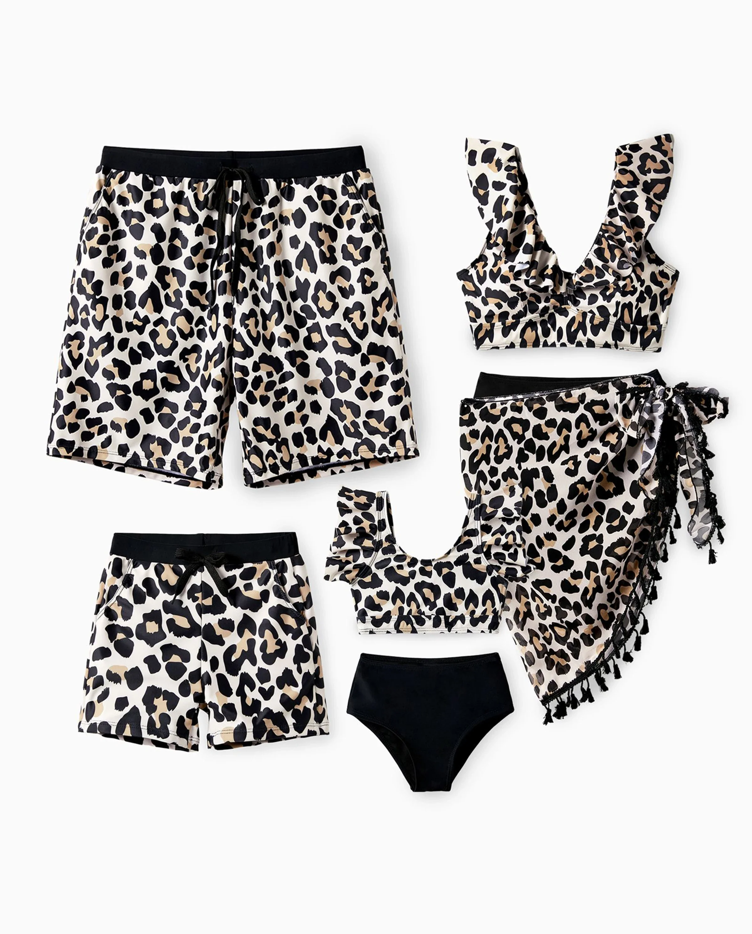 Family Matching Leopard Pattern Drawstring Swim Trunks or Ruffle Neck Two-Piece Bikini with Optional Cover Up Sarong Skirt Black - Image 9
