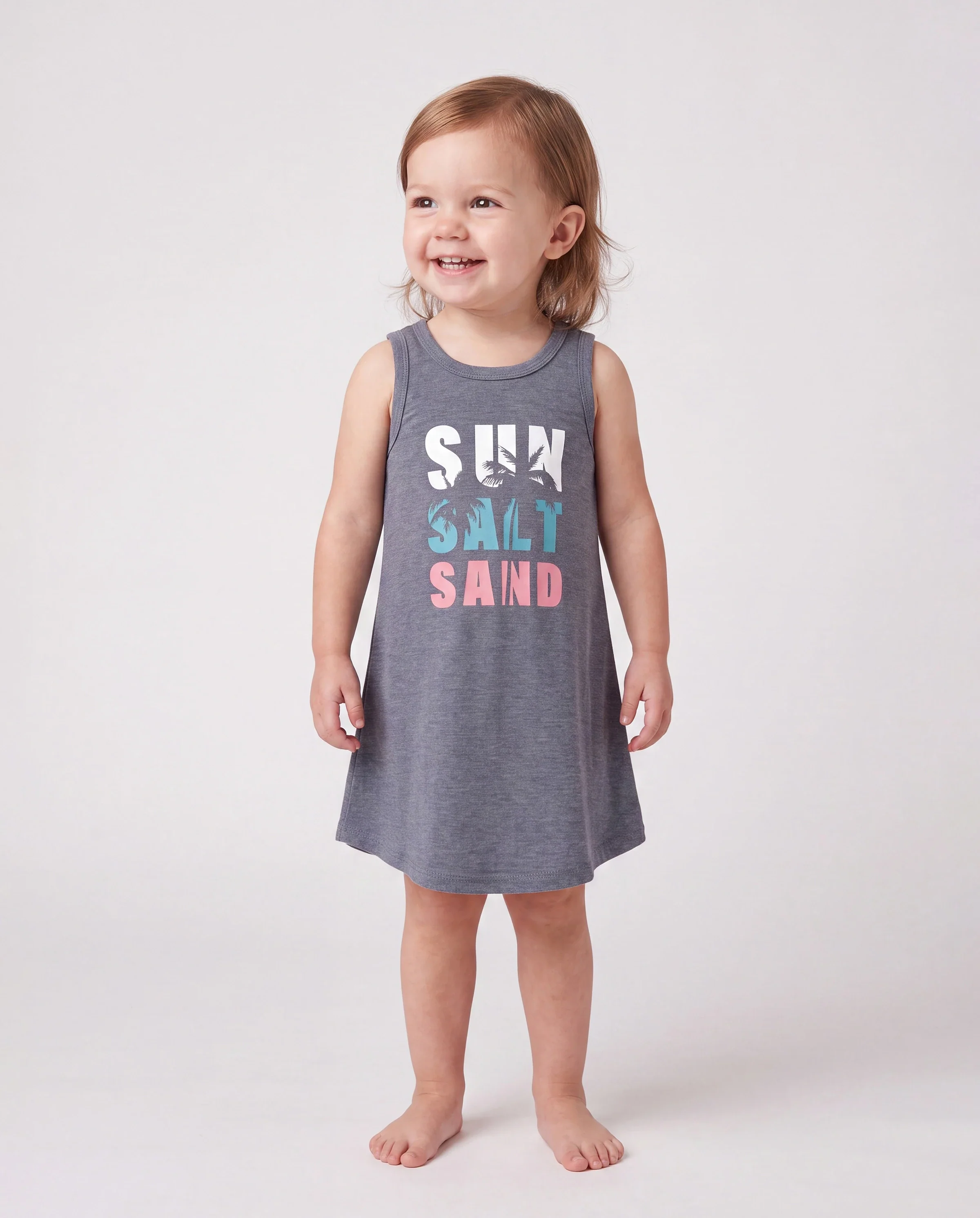 Family Matching Letter Print Sleeveless Tank Top or Tank Dress Set Grey - Image 3