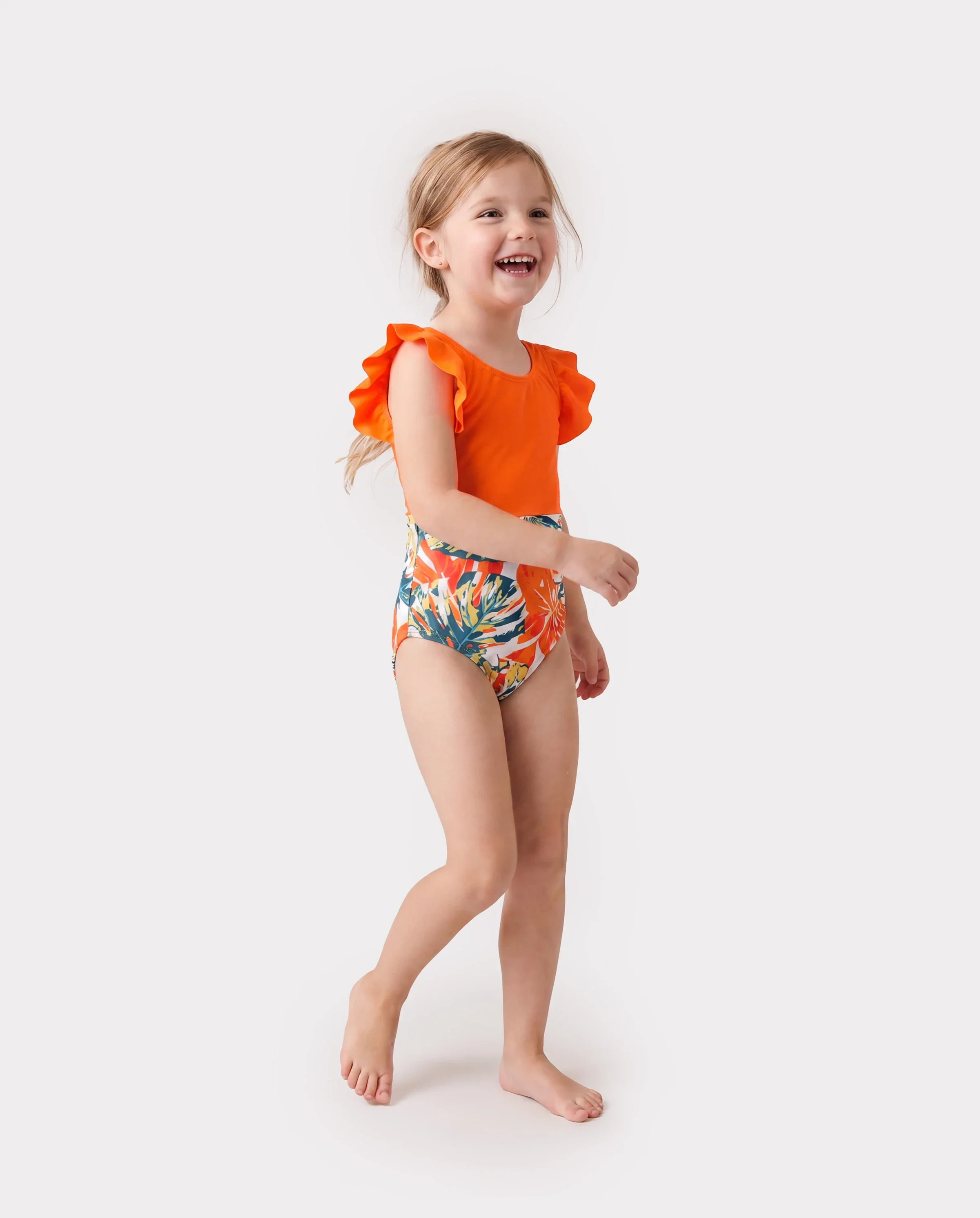 Family Matching Orange and All Over Tropical Plant Print Splicing Ruffle One-Piece Swimsuit and Swim Trunks Shorts Orange color - Image 3