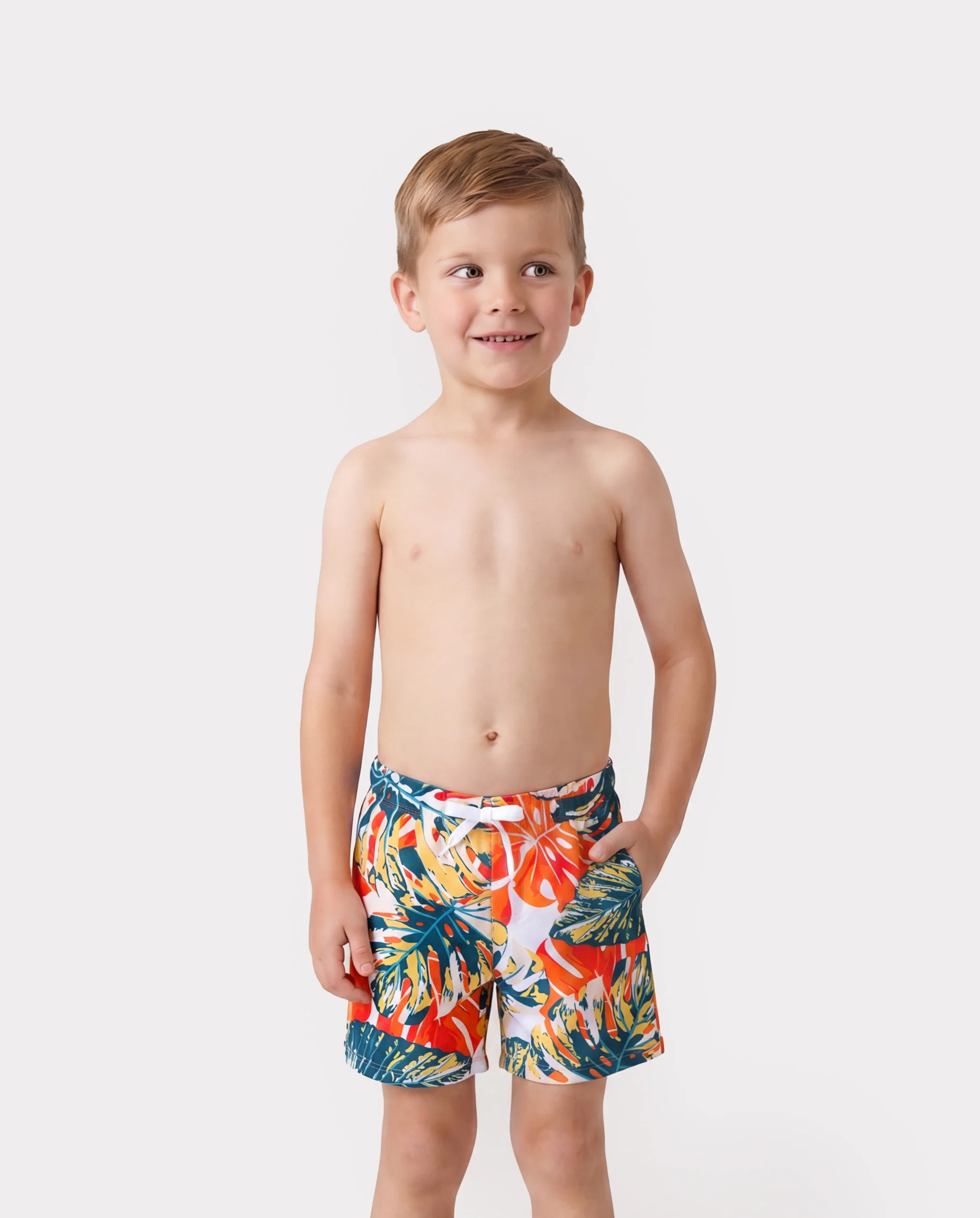 Family Matching Orange and All Over Tropical Plant Print Splicing Ruffle One-Piece Swimsuit and Swim Trunks Shorts Orange color - Image 4