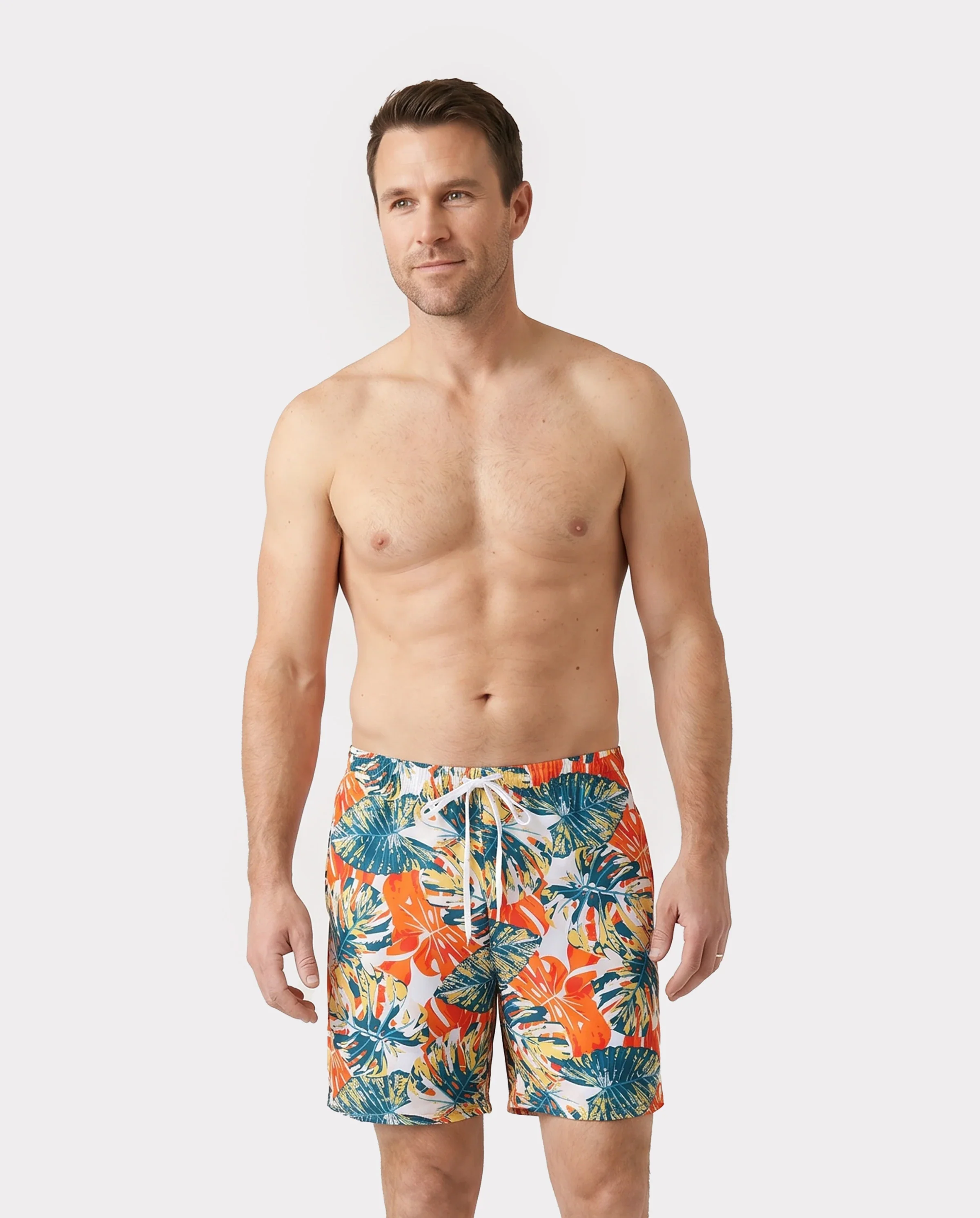 Family Matching Orange and All Over Tropical Plant Print Splicing Ruffle One-Piece Swimsuit and Swim Trunks Shorts Orange color - Image 5