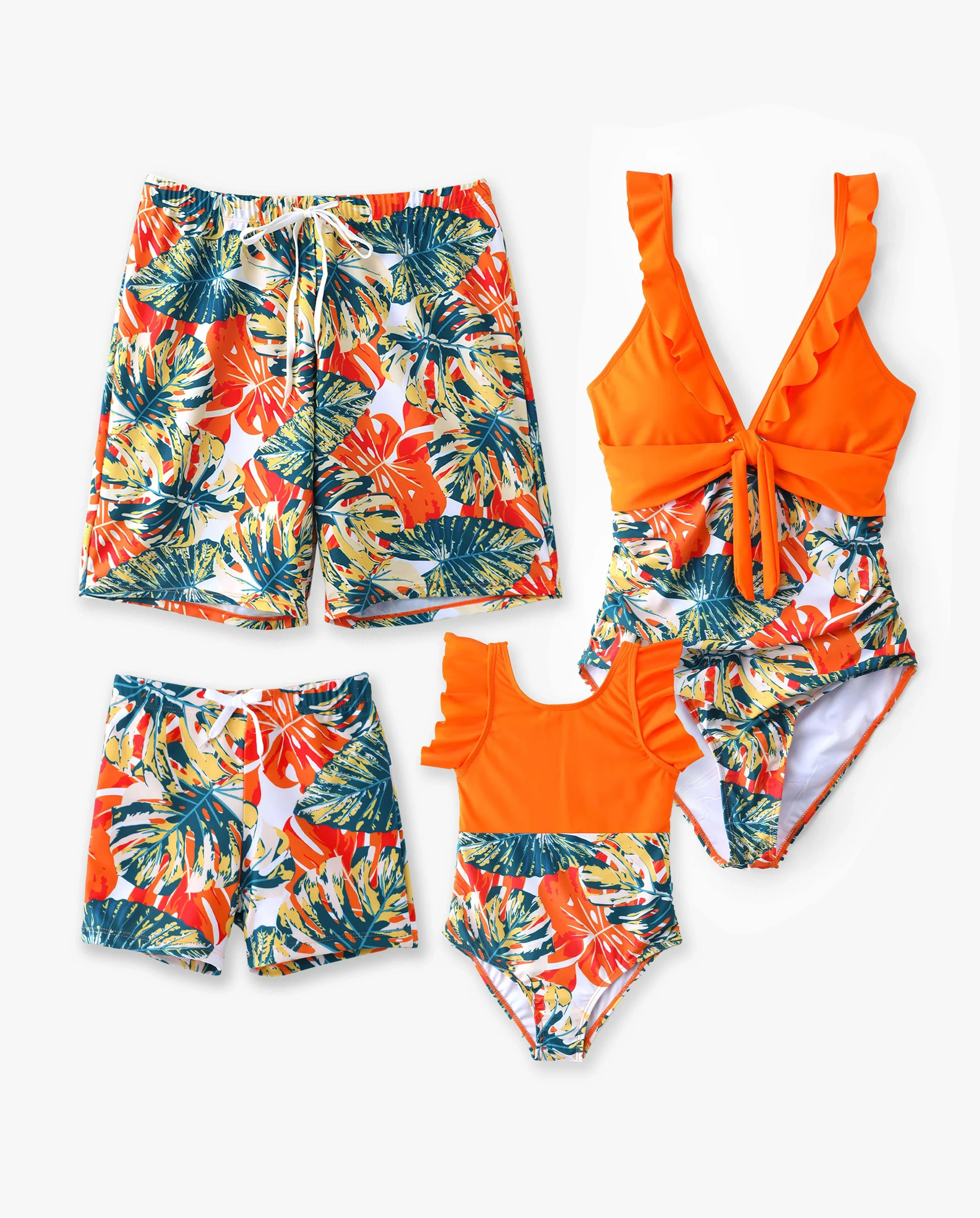 Family Matching Orange and All Over Tropical Plant Print Splicing Ruffle One-Piece Swimsuit and Swim Trunks Shorts Orange color - Image 9